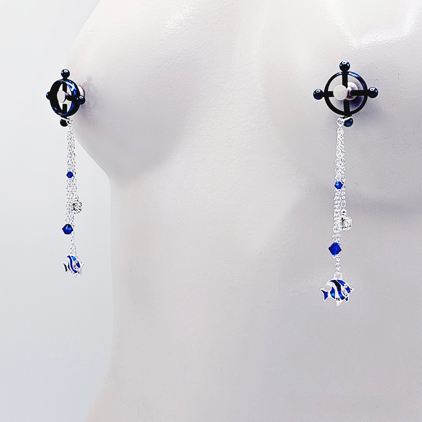 Circle Nipple Clamps, Blue, with Cascading Crystals and Tropical Fish. Non Piercing Nipple Dangles