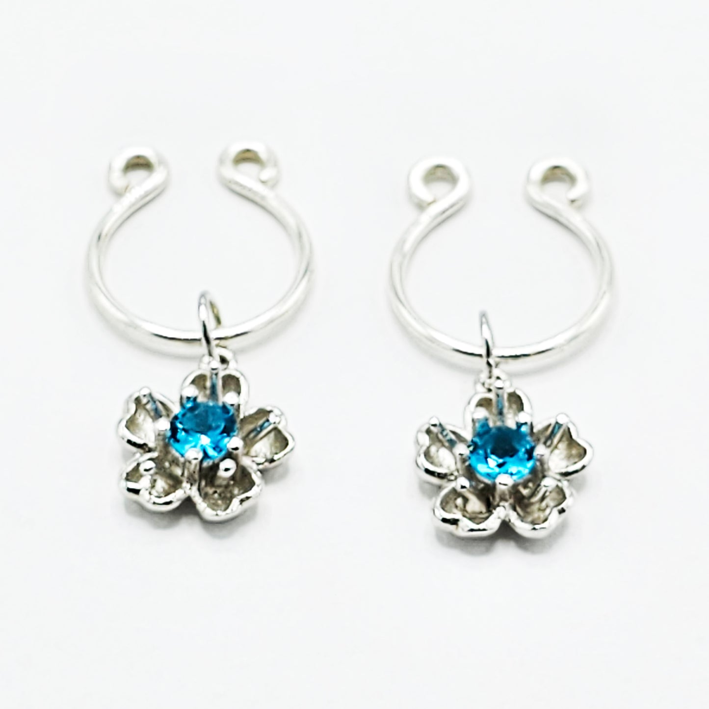 Non Piercing Nipples Jewelry, Sterling Silver Flower Nipple Rings. Sexy Nipple Rings with Blue Gem Flowers.