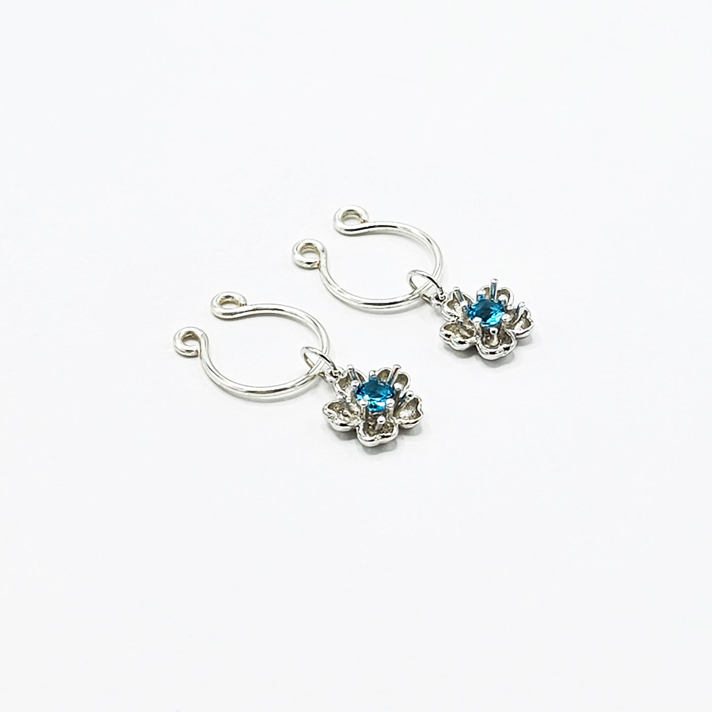Non Piercing Nipples Jewelry, Sterling Silver Flower Nipple Rings. Sexy Nipple Rings with Blue Gem Flowers.