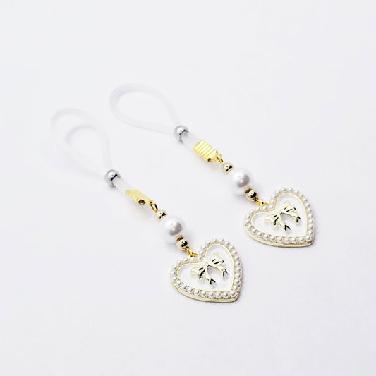 Non-Piercing Nipple Nooses or Clamps with Pearls and Hearts with Bows. Sexy Valentine's Gift for Her.