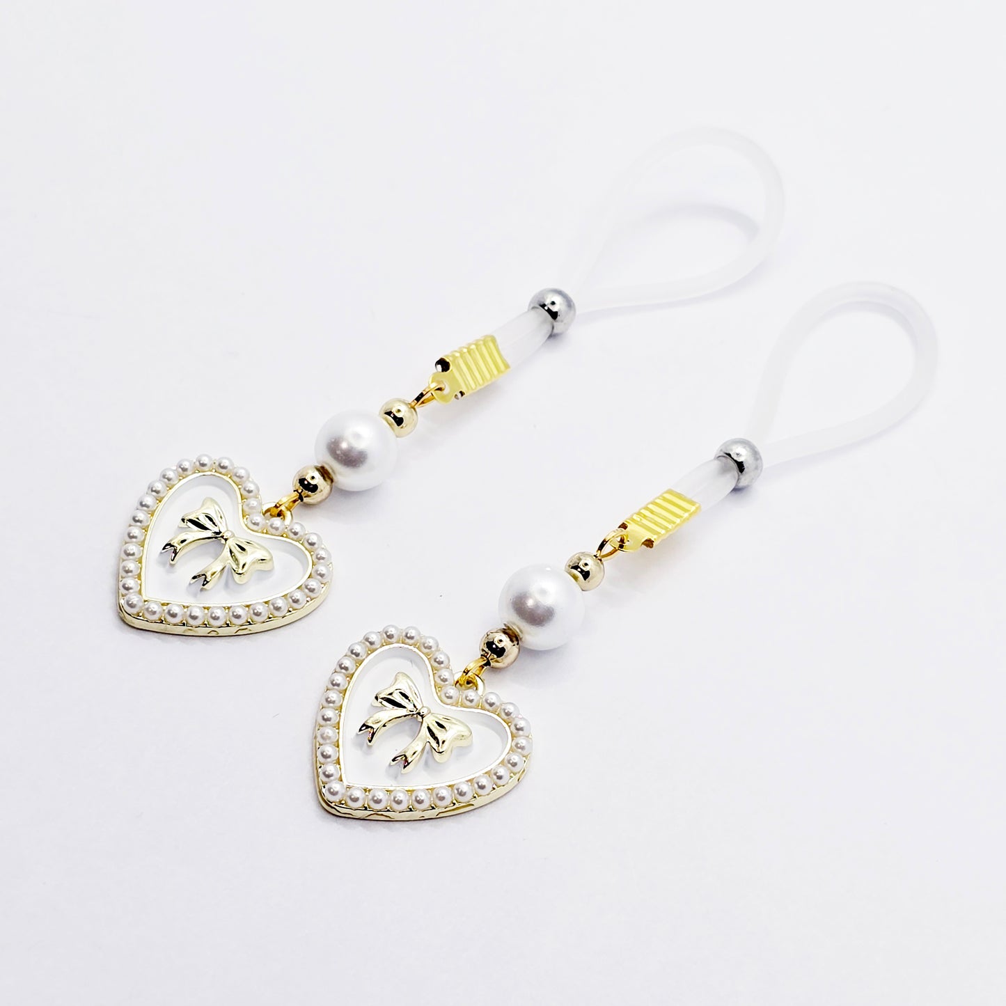 Non-Piercing Nipple Nooses or Clamps with Pearls and Hearts with Bows. Sexy Valentine's Gift for Her.