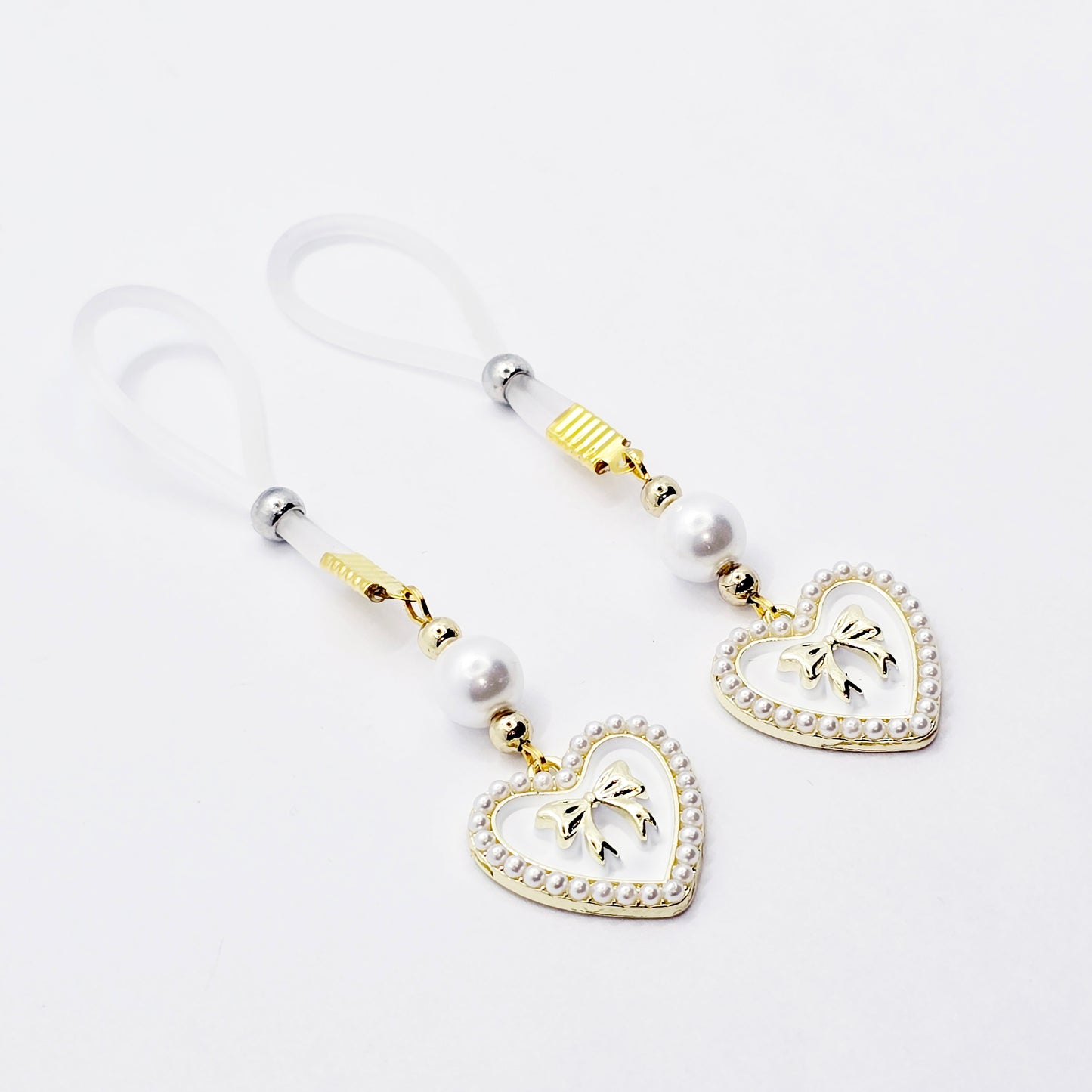 Non-Piercing Nipple Nooses or Clamps with Pearls and Hearts with Bows. Sexy Valentine's Gift for Her.