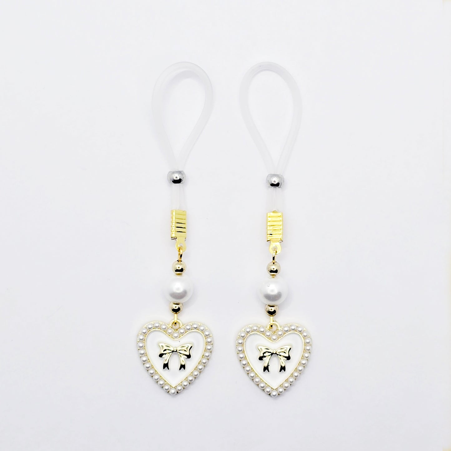 Non-Piercing Nipple Nooses or Clamps with Pearls and Hearts with Bows. Sexy Valentine's Gift for Her.