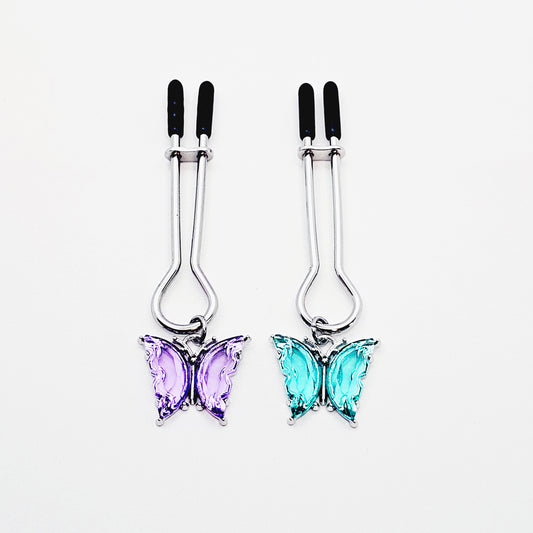 Nipple Clamps with Purple or Teal Butterflies. Adjustable Straight Tweezer Clamps.