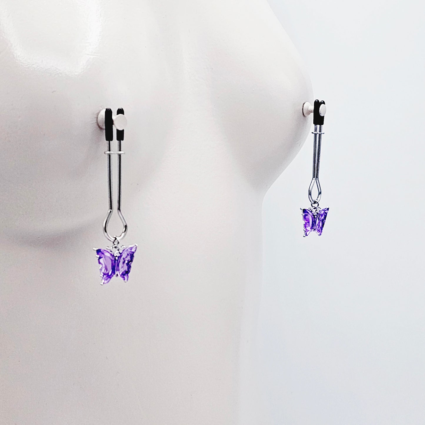 Nipple Clamps with Purple or Teal Butterflies. Adjustable Straight Tweezer Clamps.