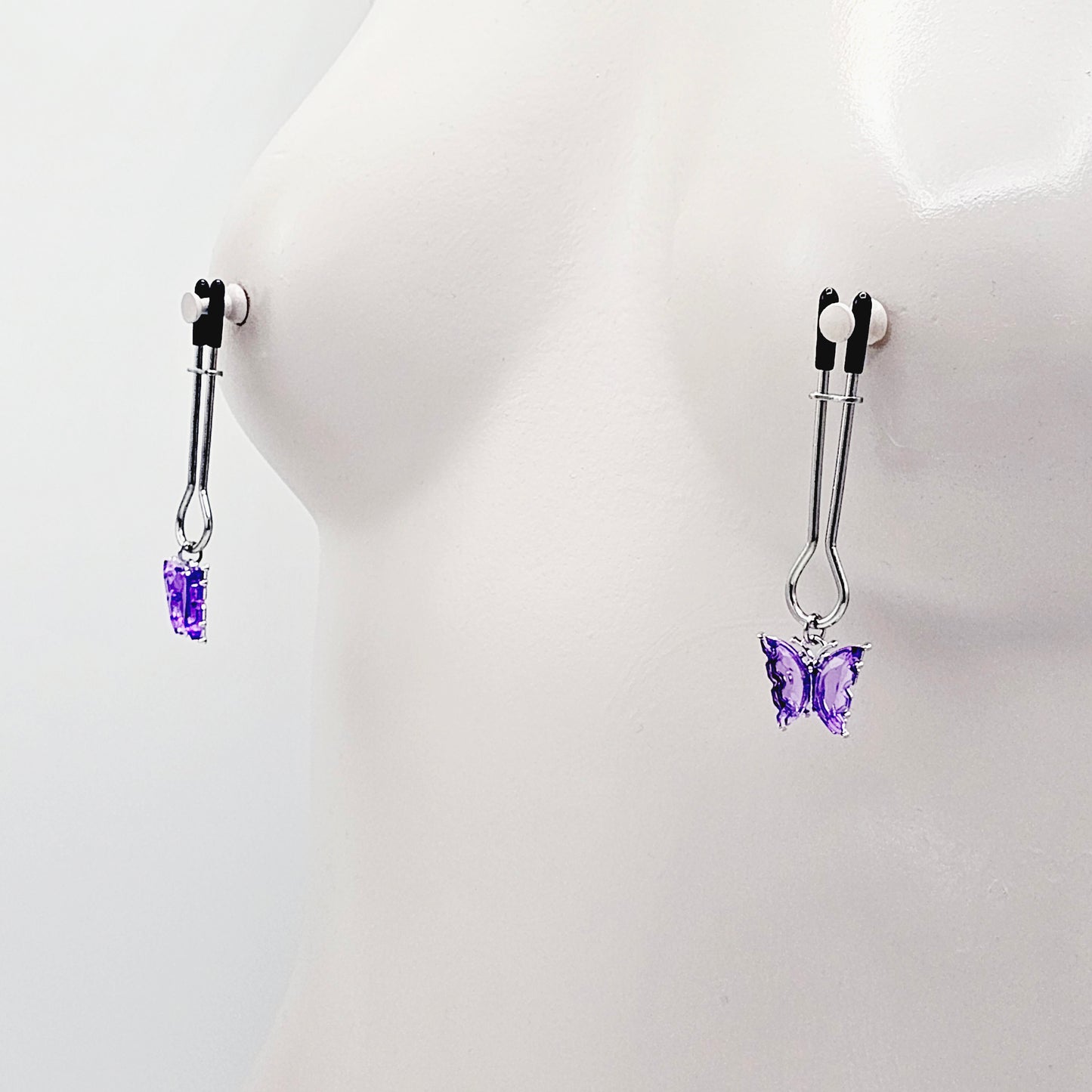 Nipple Clamps with Purple or Teal Butterflies. Adjustable Straight Tweezer Clamps.