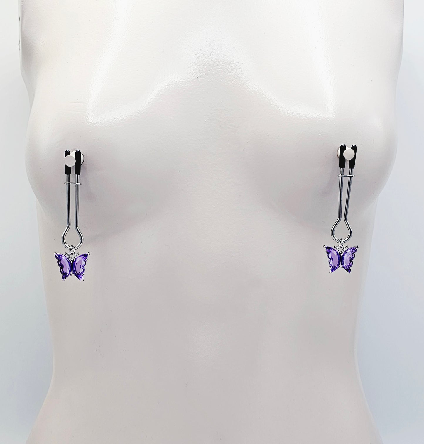 Nipple Clamps with Purple or Teal Butterflies. Adjustable Straight Tweezer Clamps.