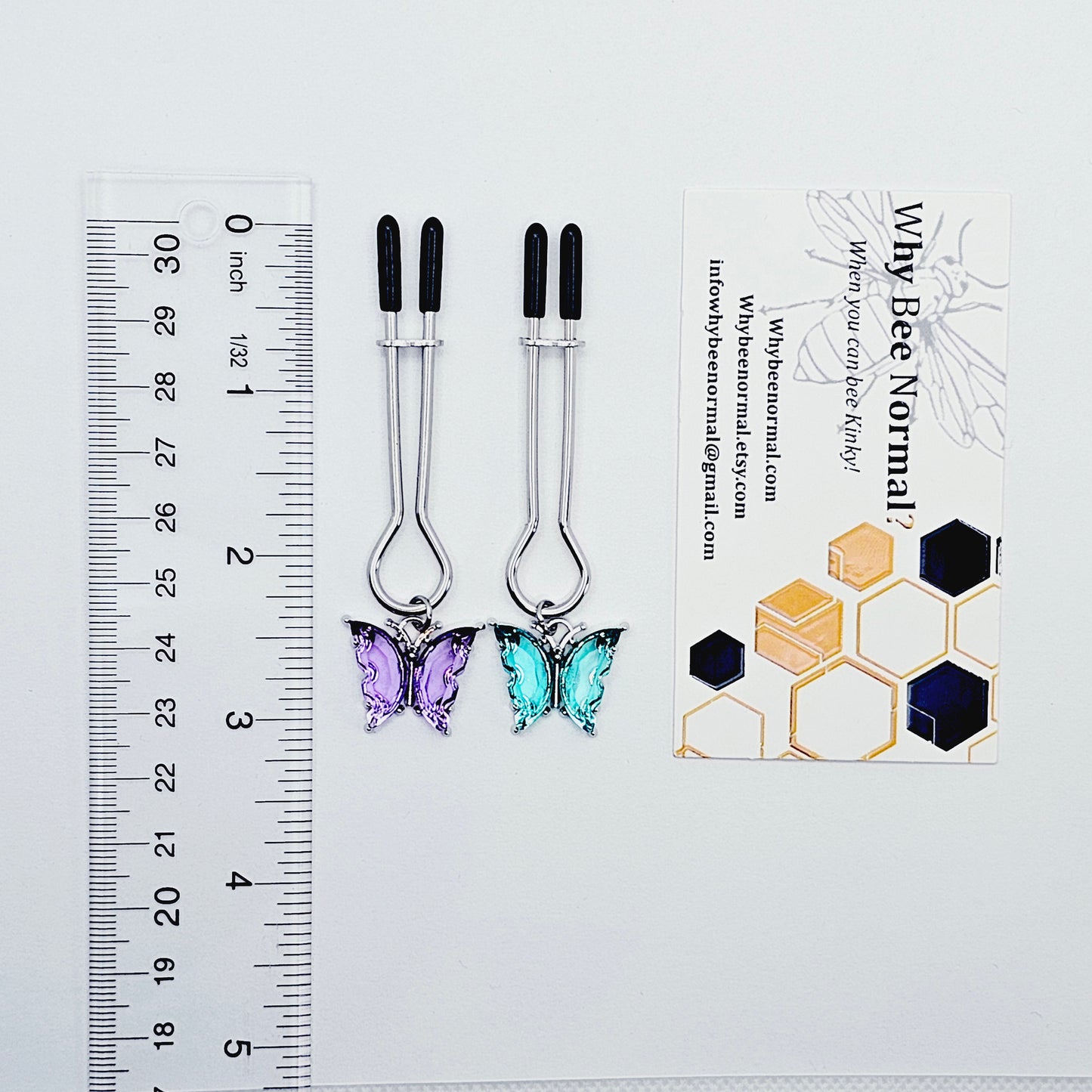 Nipple Clamps with Purple or Teal Butterflies. Adjustable Straight Tweezer Clamps.