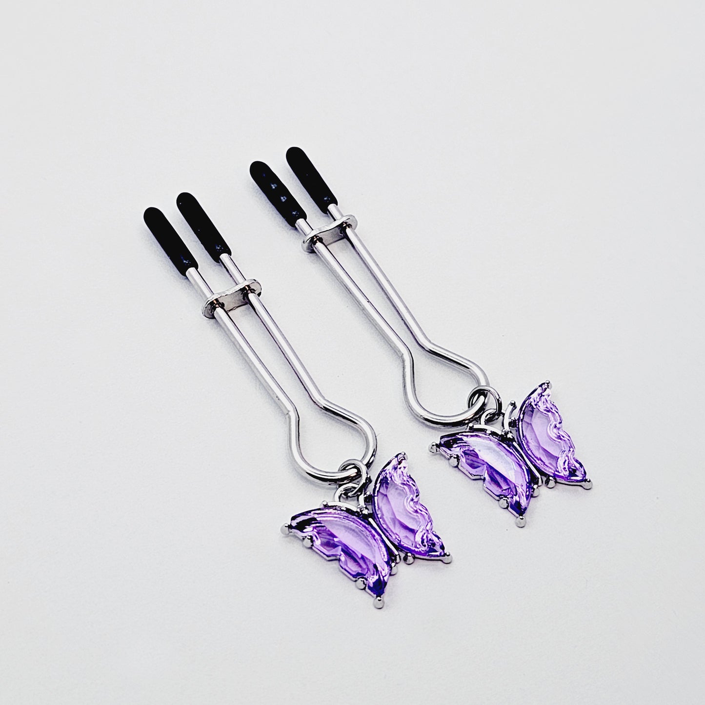 Nipple Clamps with Purple or Teal Butterflies. Adjustable Straight Tweezer Clamps.