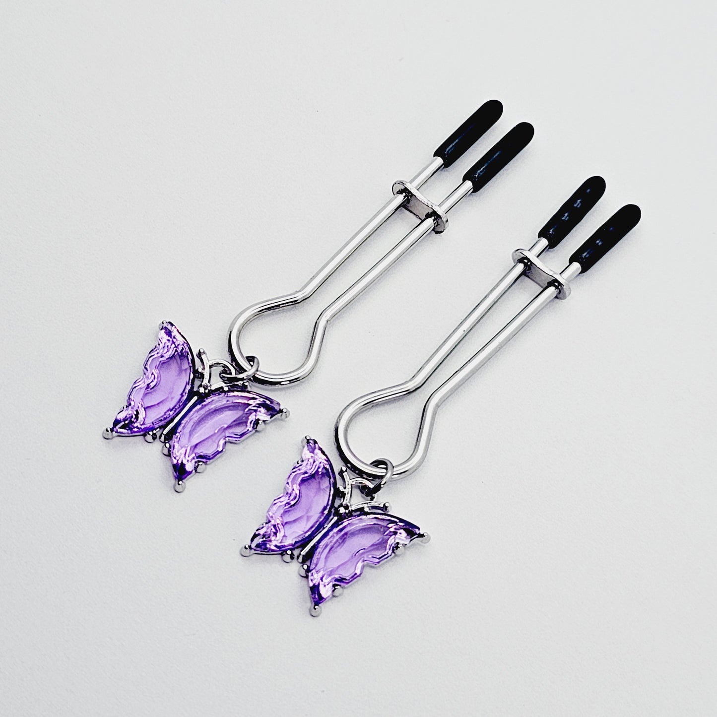 Nipple Clamps with Purple or Teal Butterflies. Adjustable Straight Tweezer Clamps.