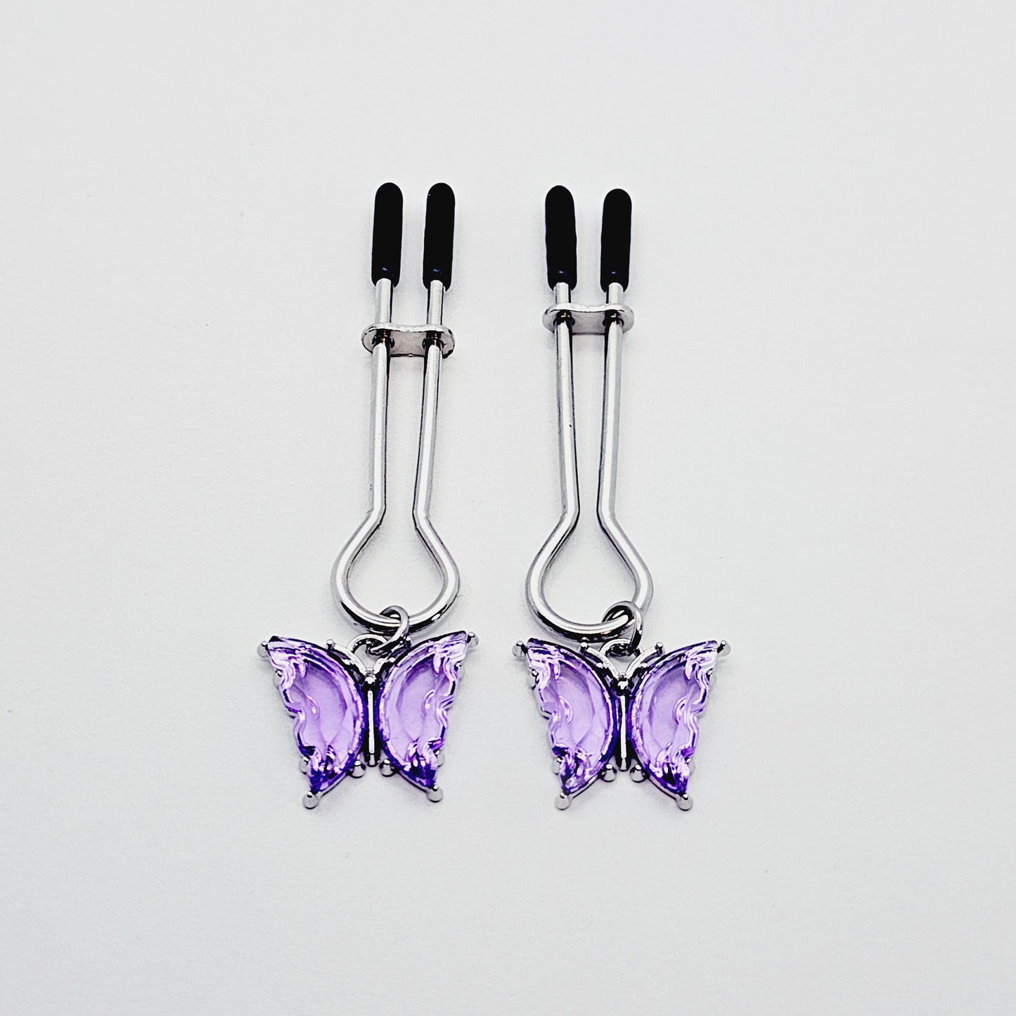 Nipple Clamps with Purple or Teal Butterflies. Adjustable Straight Tweezer Clamps.