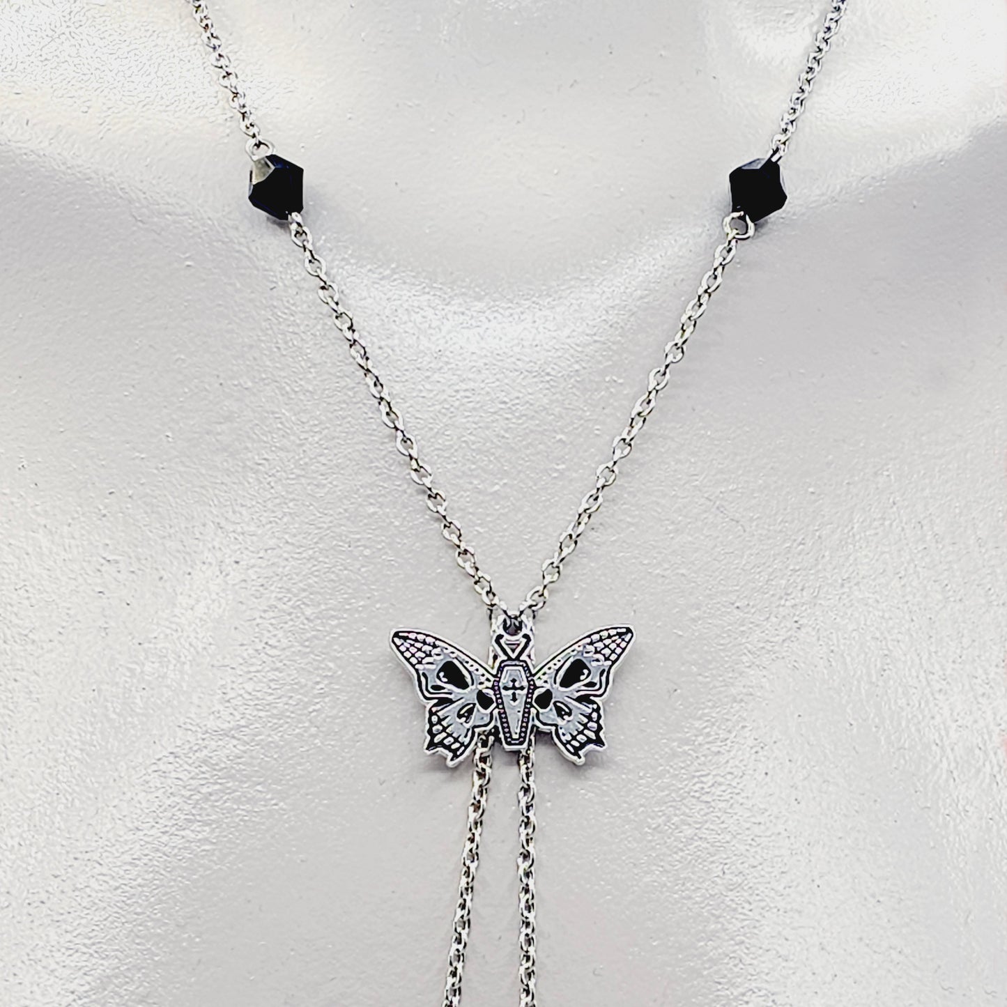 Necklace to Nipple with Butterfly Skulls and Black Crystals, with Non Piercing Nipple Nooses, Rings, or Nipple Clamp Options.