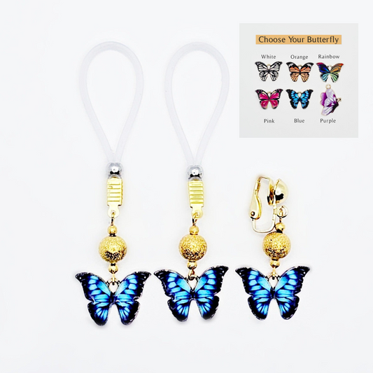 Nipple and Clitoral Jewelry Set with Butterflies, Non-Piercing. Your Choice of Butterfly and Nipple Nooses or Clamps. MATURE