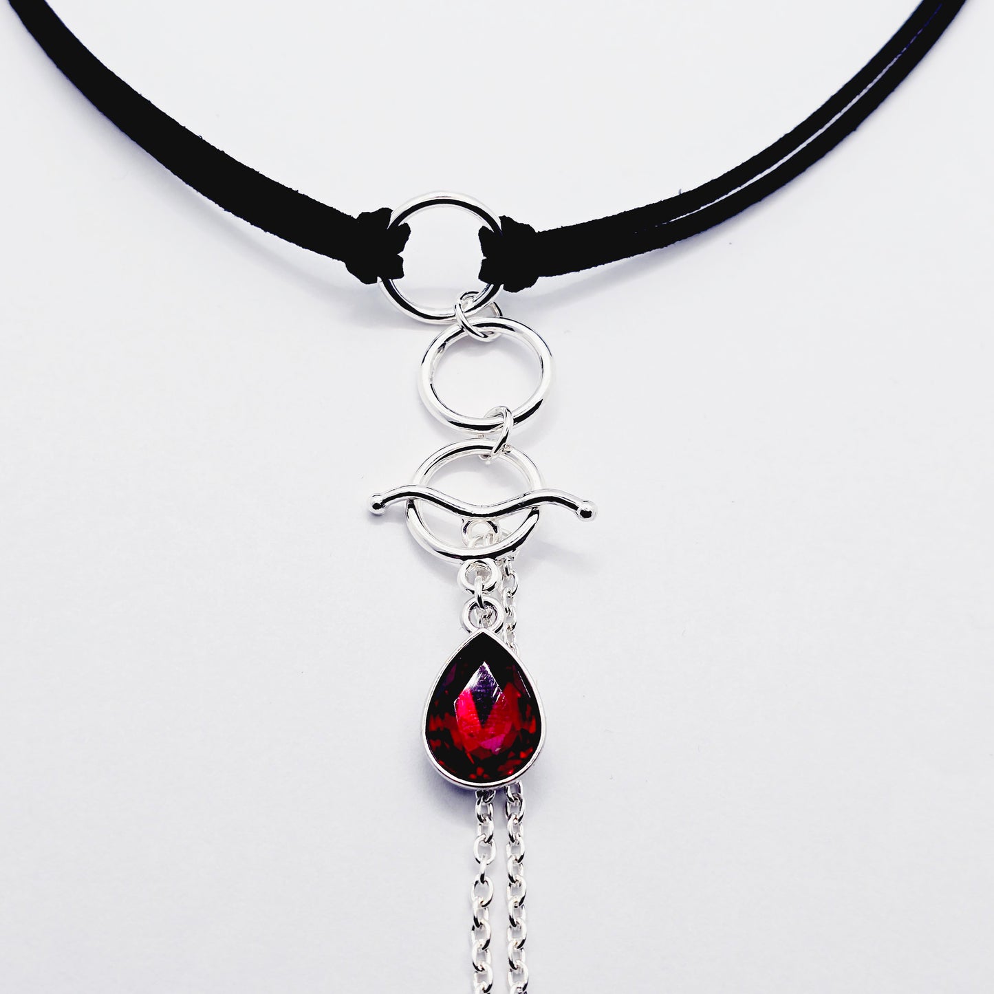 Day Collar Choker with Tri Circle Pendant, Red Gem, and Removable Nipple Chains with Your Choice of Attachment.