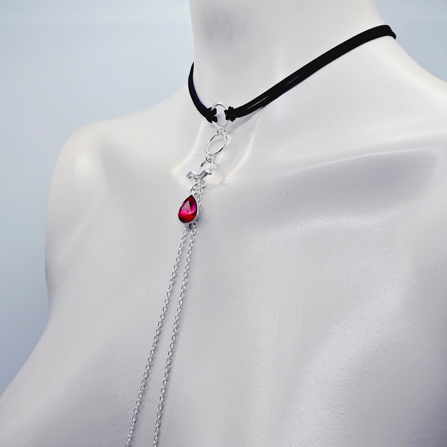 Day Collar Choker with Tri Circle Pendant, Red Gem, and Removable Nipple Chains with Your Choice of Attachment.