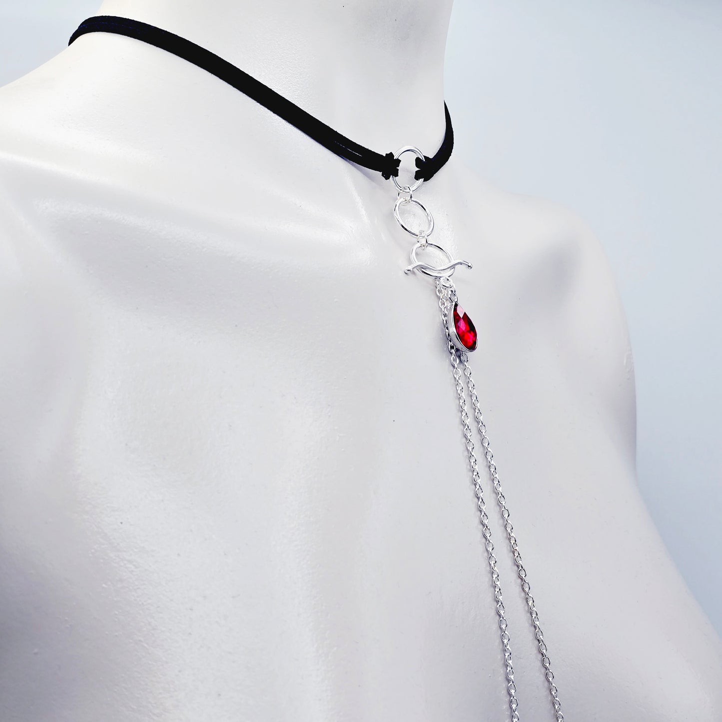 Day Collar Choker with Tri Circle Pendant, Red Gem, and Removable Nipple Chains with Your Choice of Attachment.