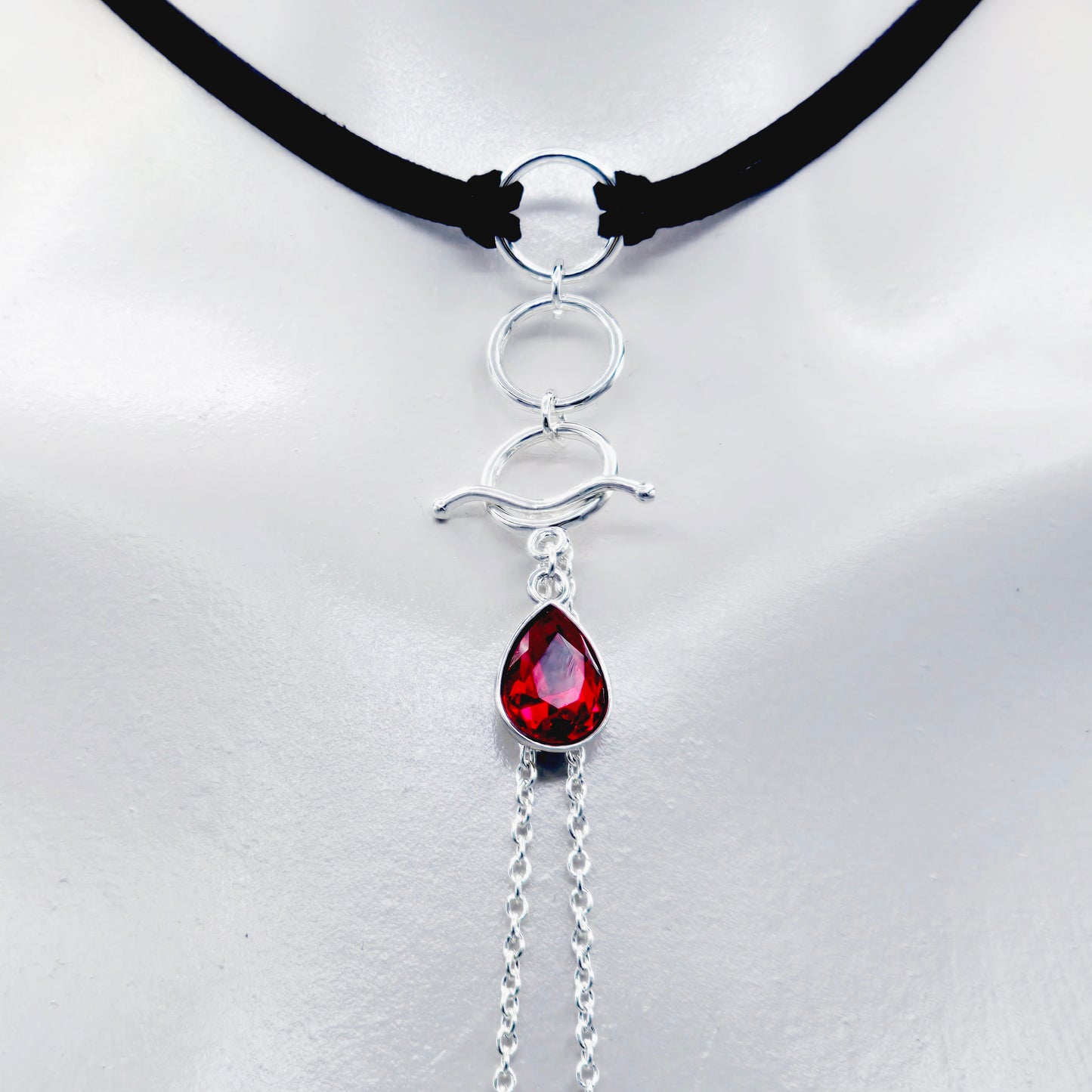 Day Collar Choker with Tri Circle Pendant, Red Gem, and Removable Nipple Chains with Your Choice of Attachment.