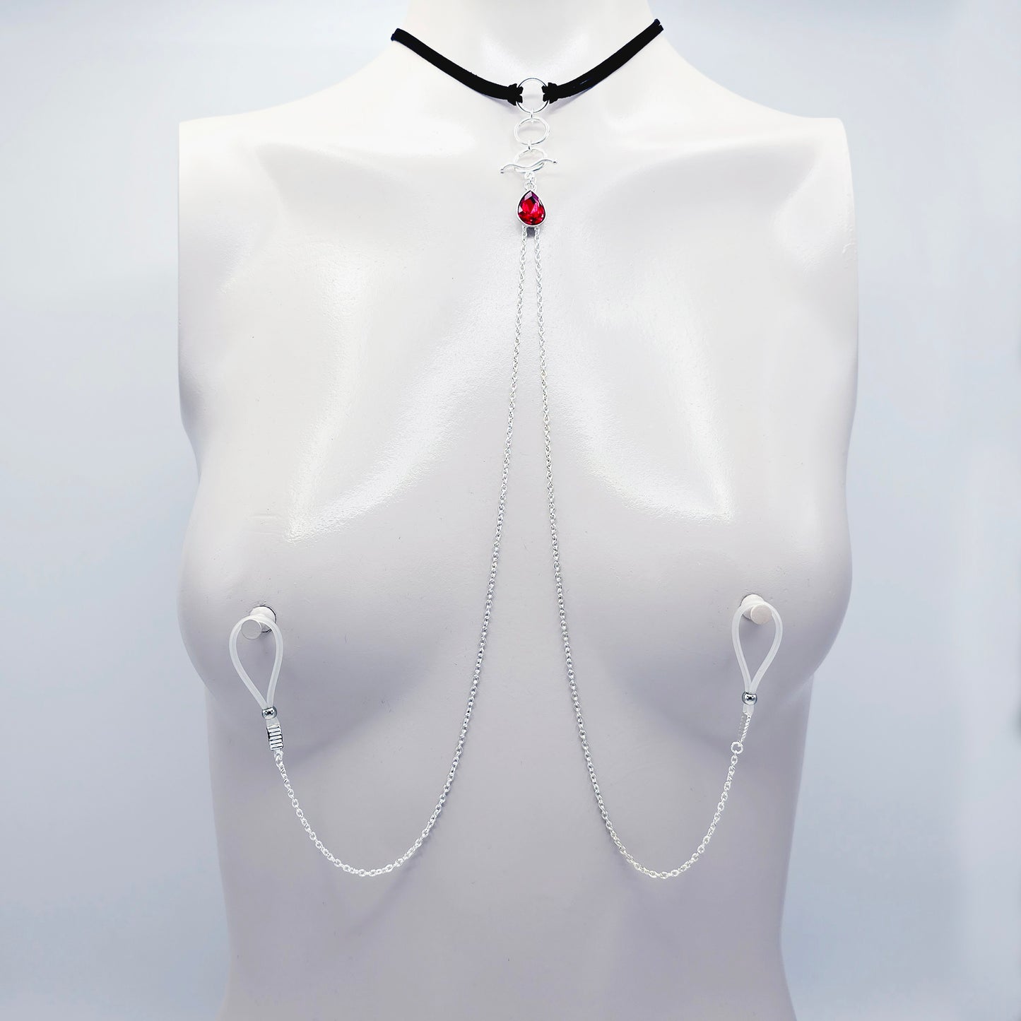 Day Collar Choker with Tri Circle Pendant, Red Gem, and Removable Nipple Chains with Your Choice of Attachment.