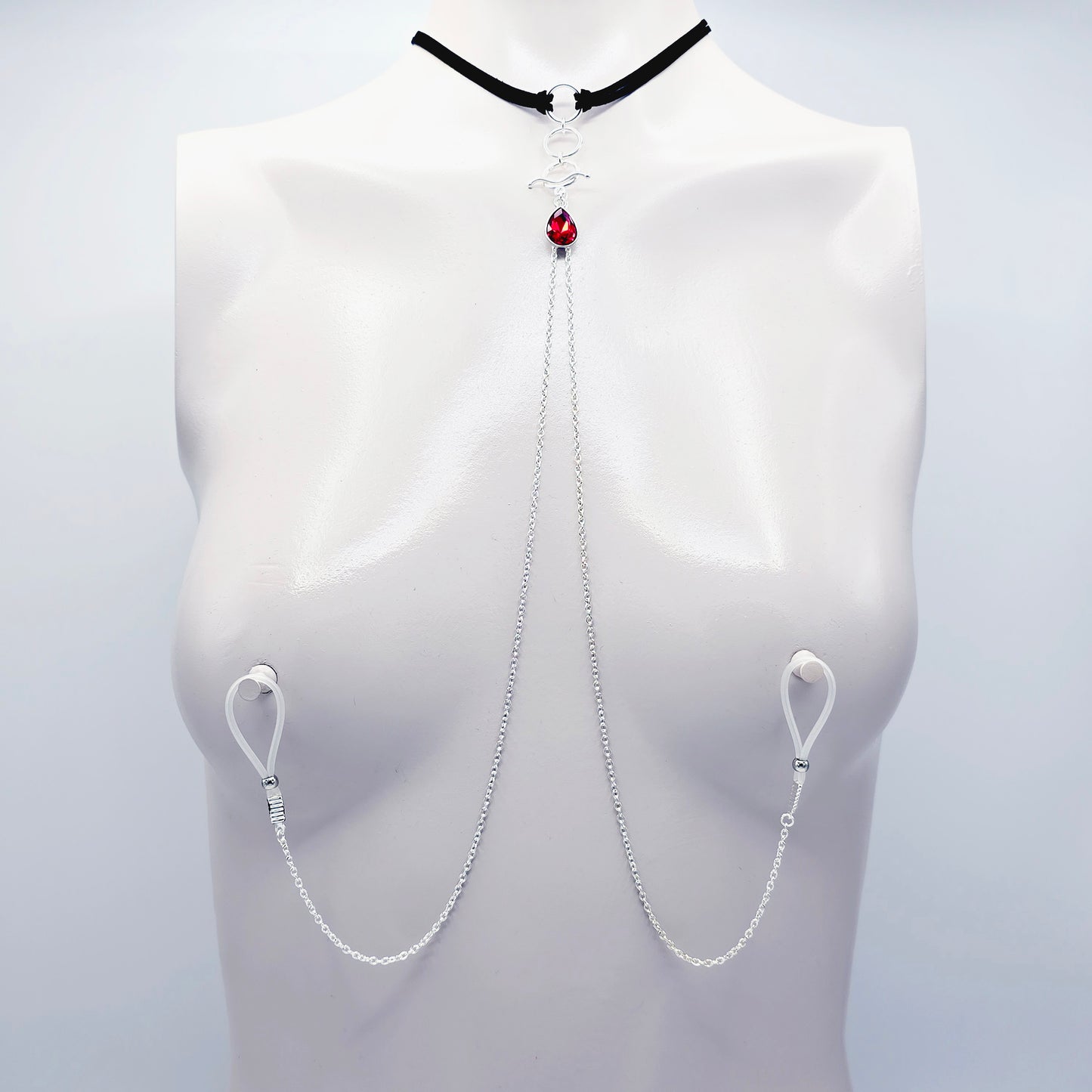 Day Collar Choker with Tri Circle Pendant, Red Gem, and Removable Nipple Chains with Your Choice of Attachment.