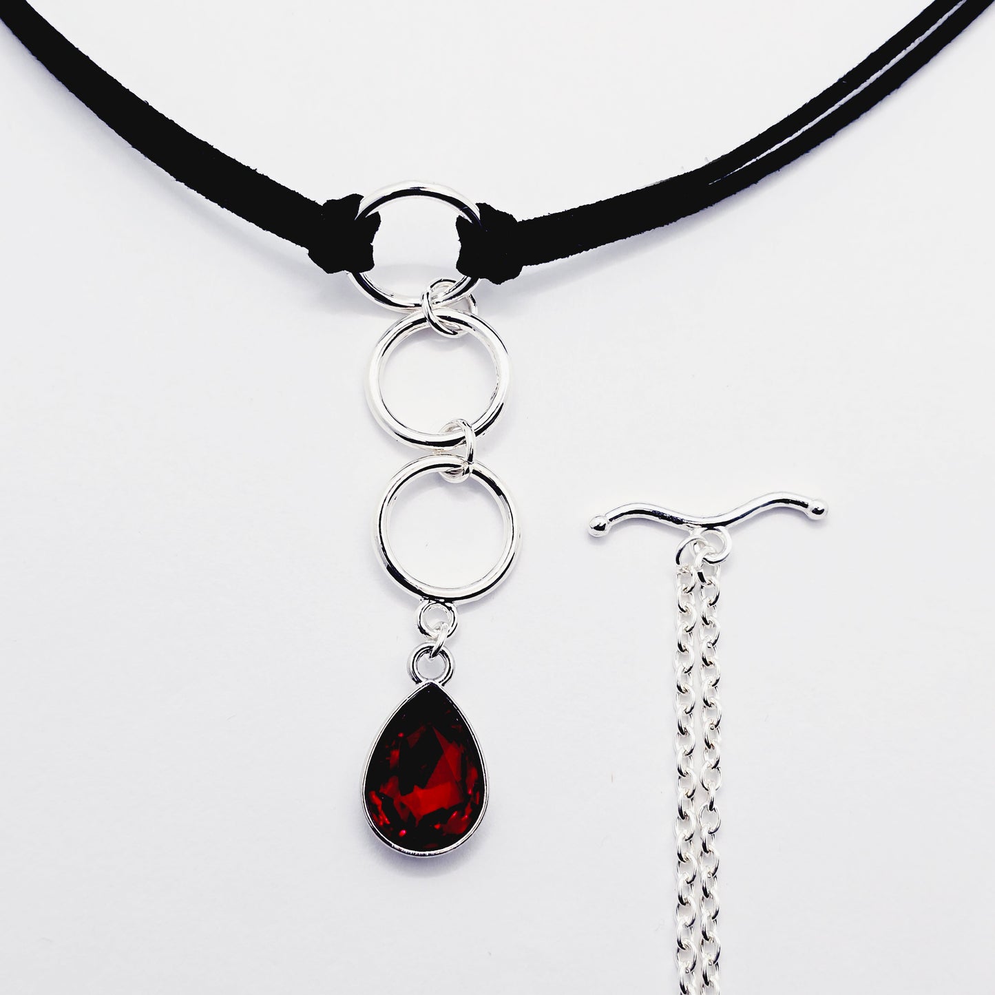 Day Collar Choker with Tri Circle Pendant, Red Gem, and Removable Nipple Chains with Your Choice of Attachment.