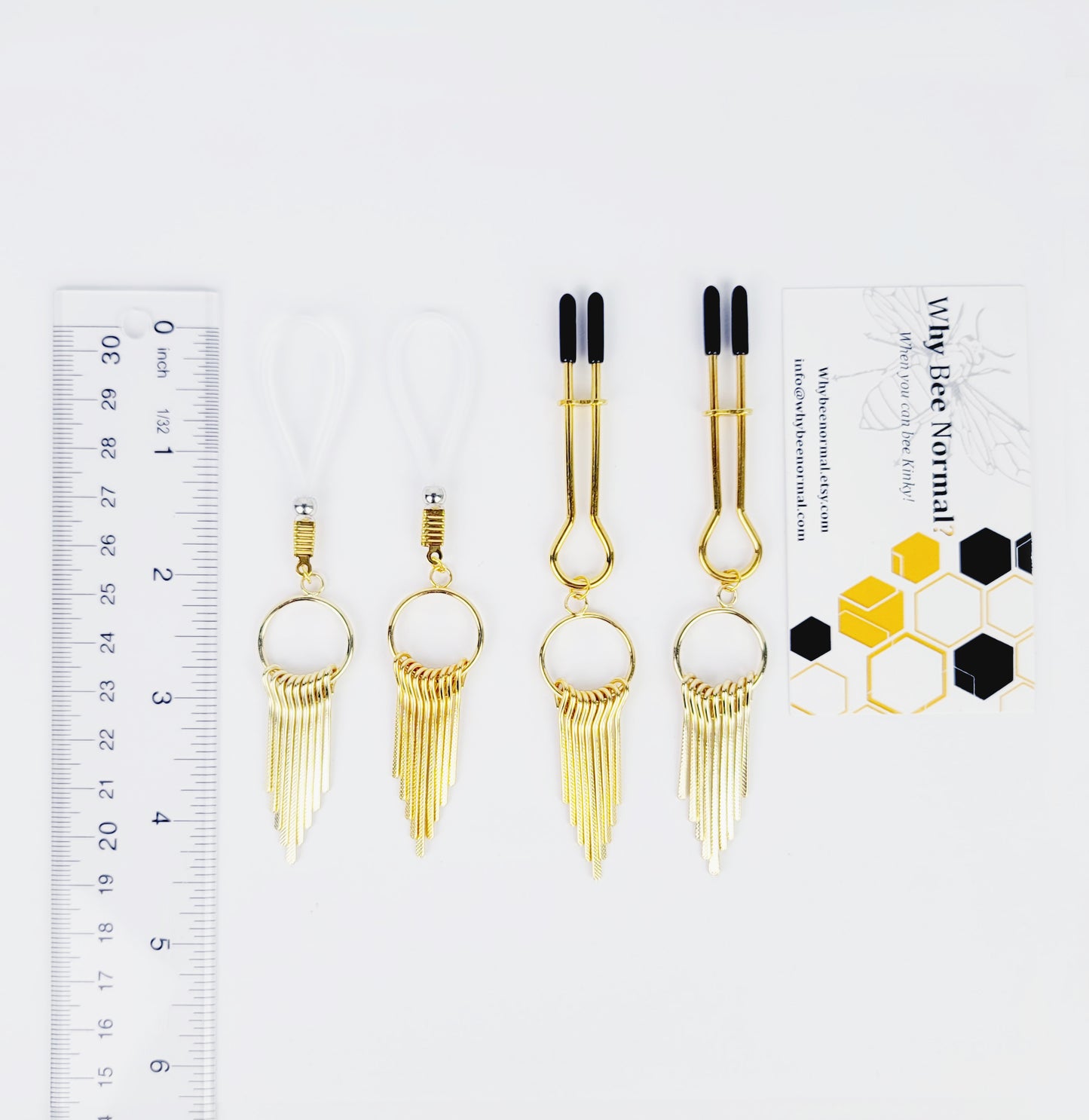 Straight Tweezer Nipple Clamps, Gold, with Dangles.
