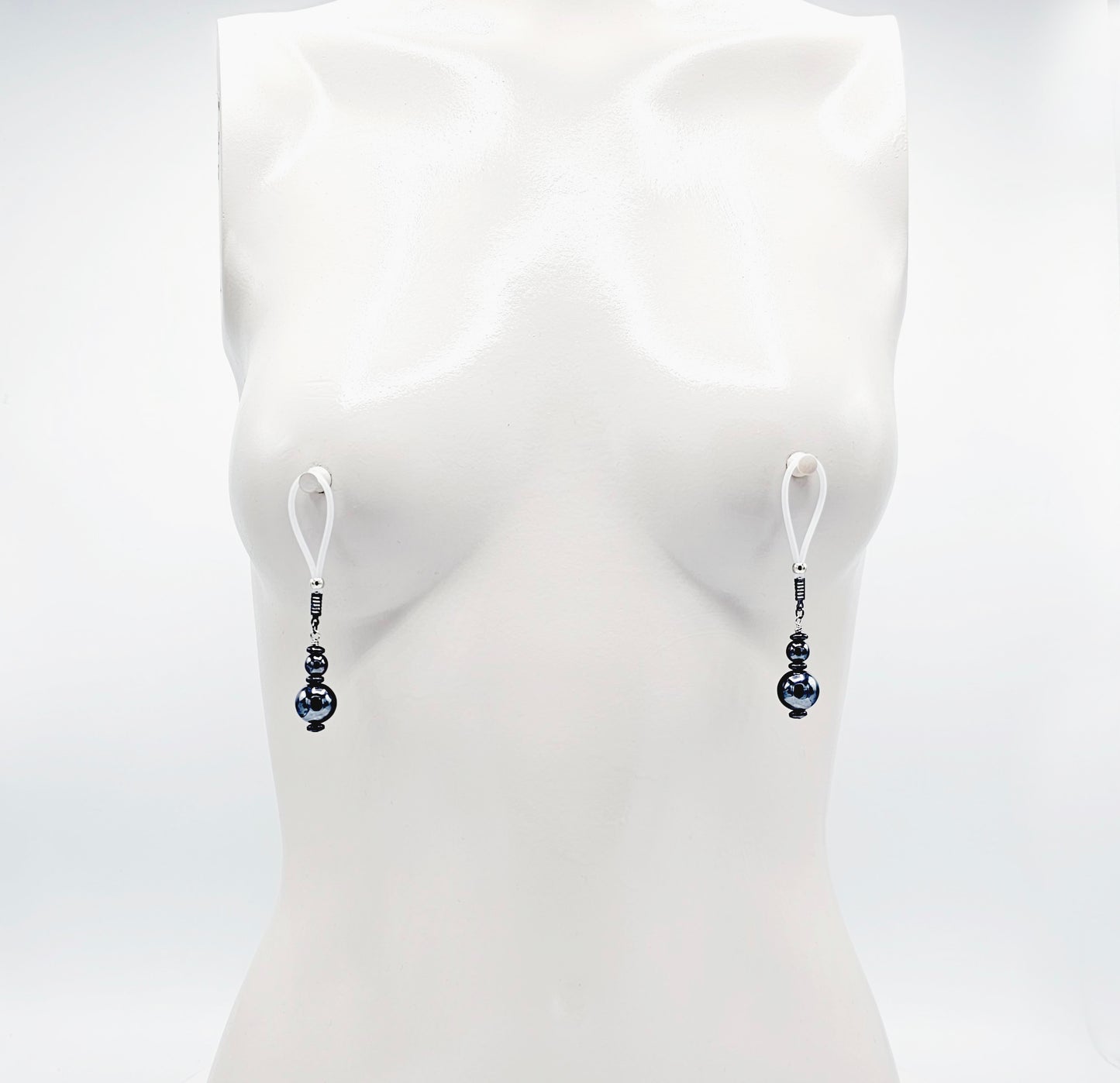 Weighted Nipple Noose Dangles with Hematite Beads, Non-Piercing. Or choose one of our five types of nipple clamps.