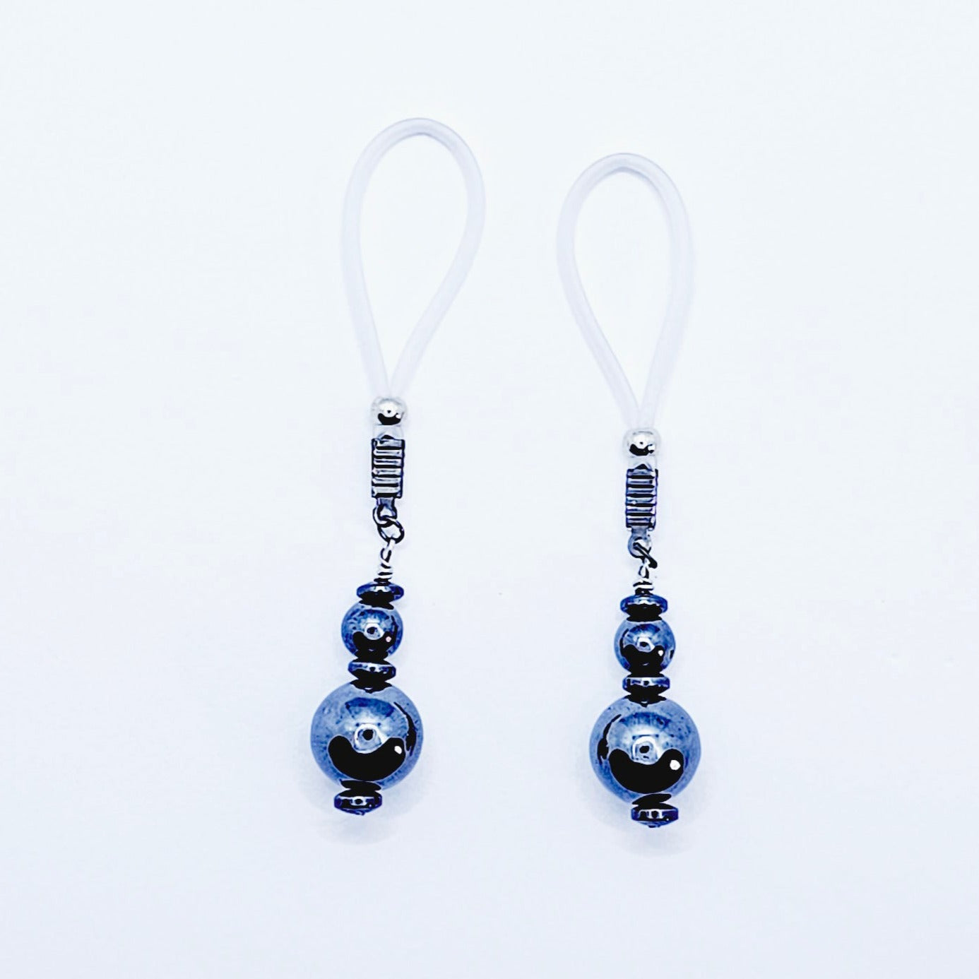 Weighted Nipple Noose Dangles with Hematite Beads, Non-Piercing. Or choose one of our five types of nipple clamps.