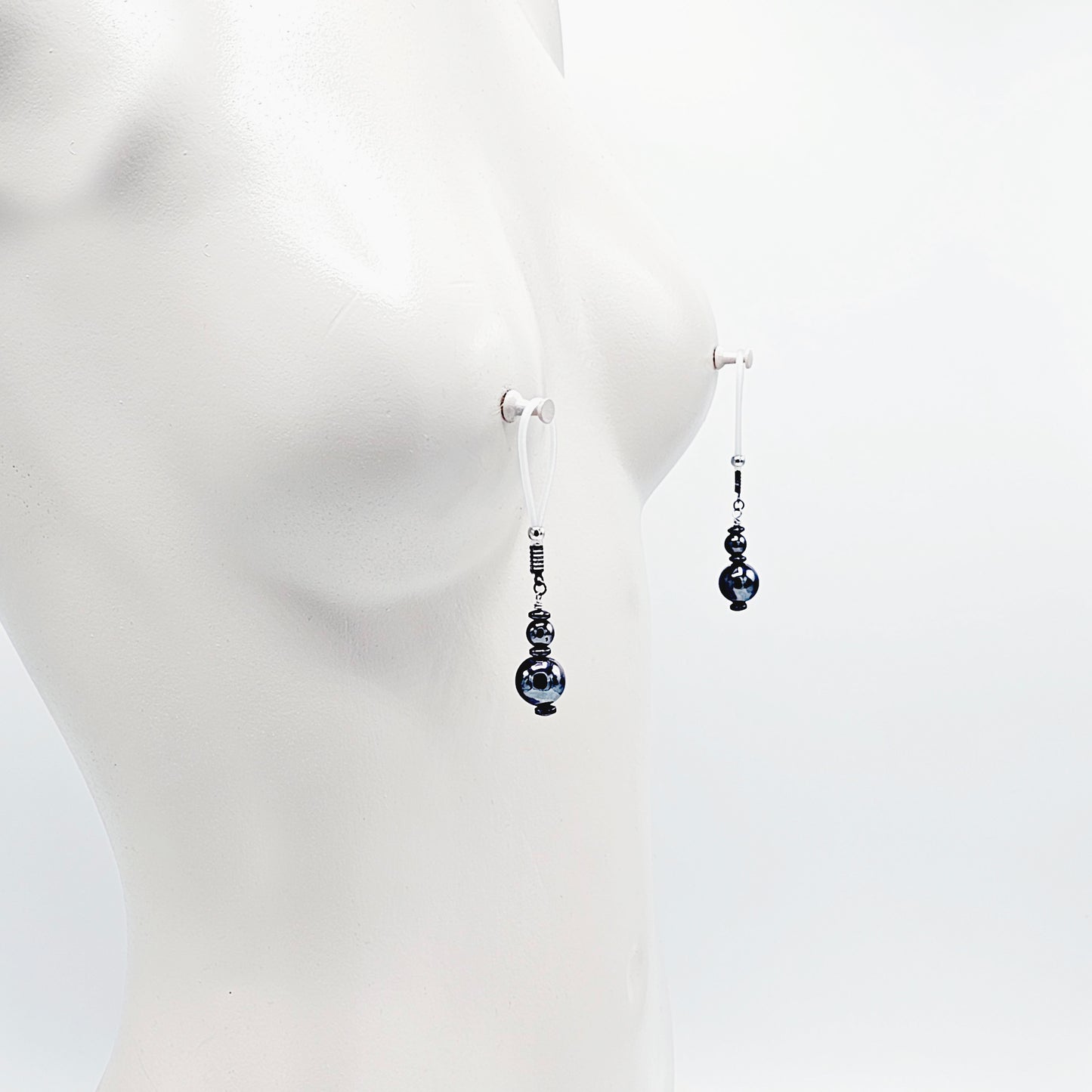 Weighted Nipple Noose Dangles with Hematite Beads, Non-Piercing. Or choose one of our five types of nipple clamps.