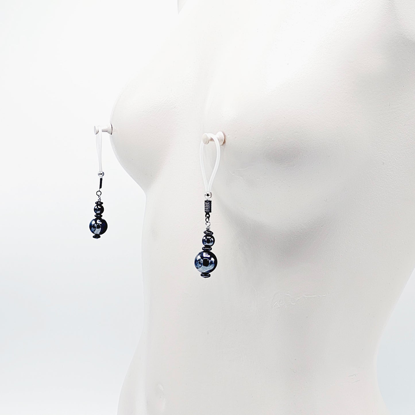 Weighted Nipple Noose Dangles with Hematite Beads, Non-Piercing. Or choose one of our five types of nipple clamps.