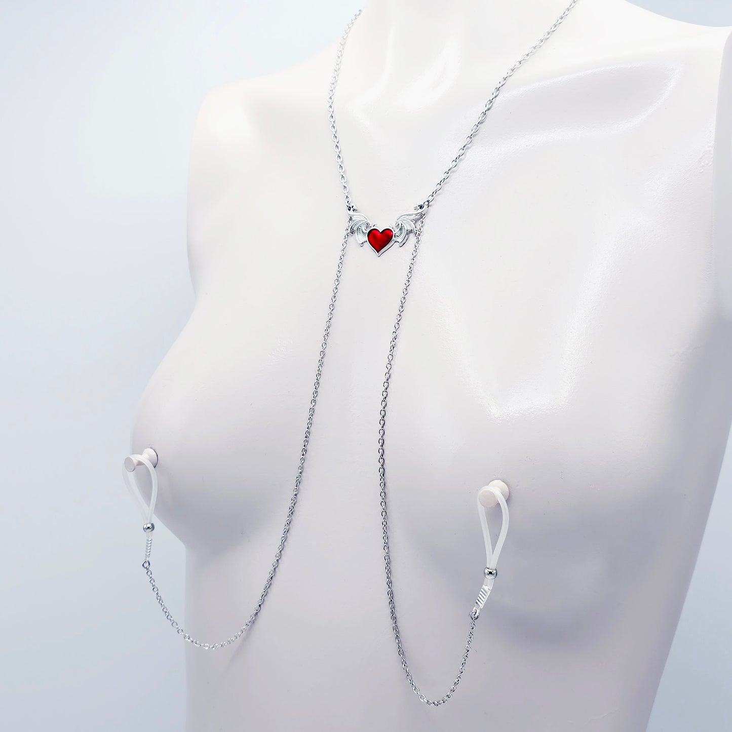 Devil Heart Necklace to Nipple with Non-Piercing Nipple Nooses, Use with Pierced, or Choose Nipple Clamps.