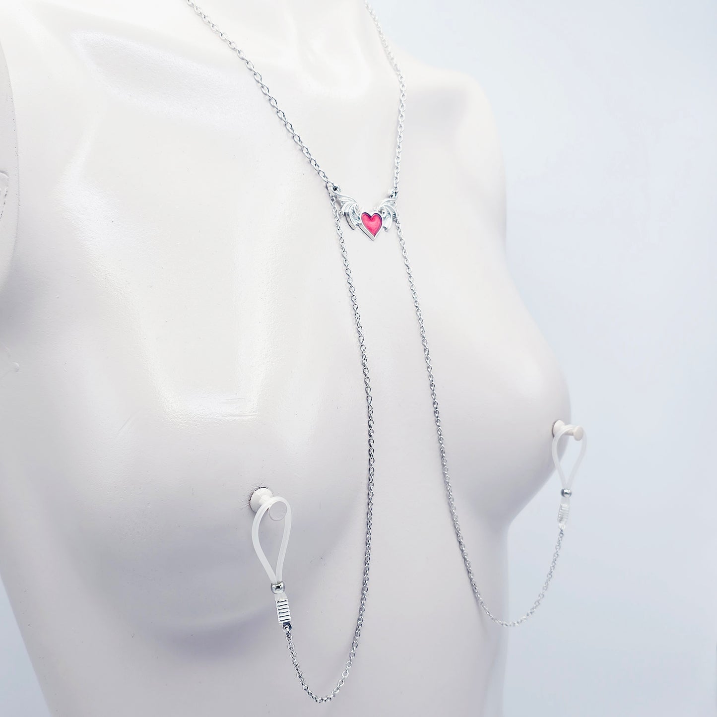 Devil Heart Necklace to Nipple with Non-Piercing Nipple Nooses, Use with Pierced, or Choose Nipple Clamps.