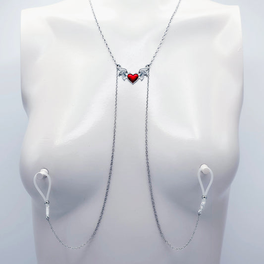 Devil Heart Necklace to Nipple with Non-Piercing Nipple Nooses, Use with Pierced, or Choose Nipple Clamps.