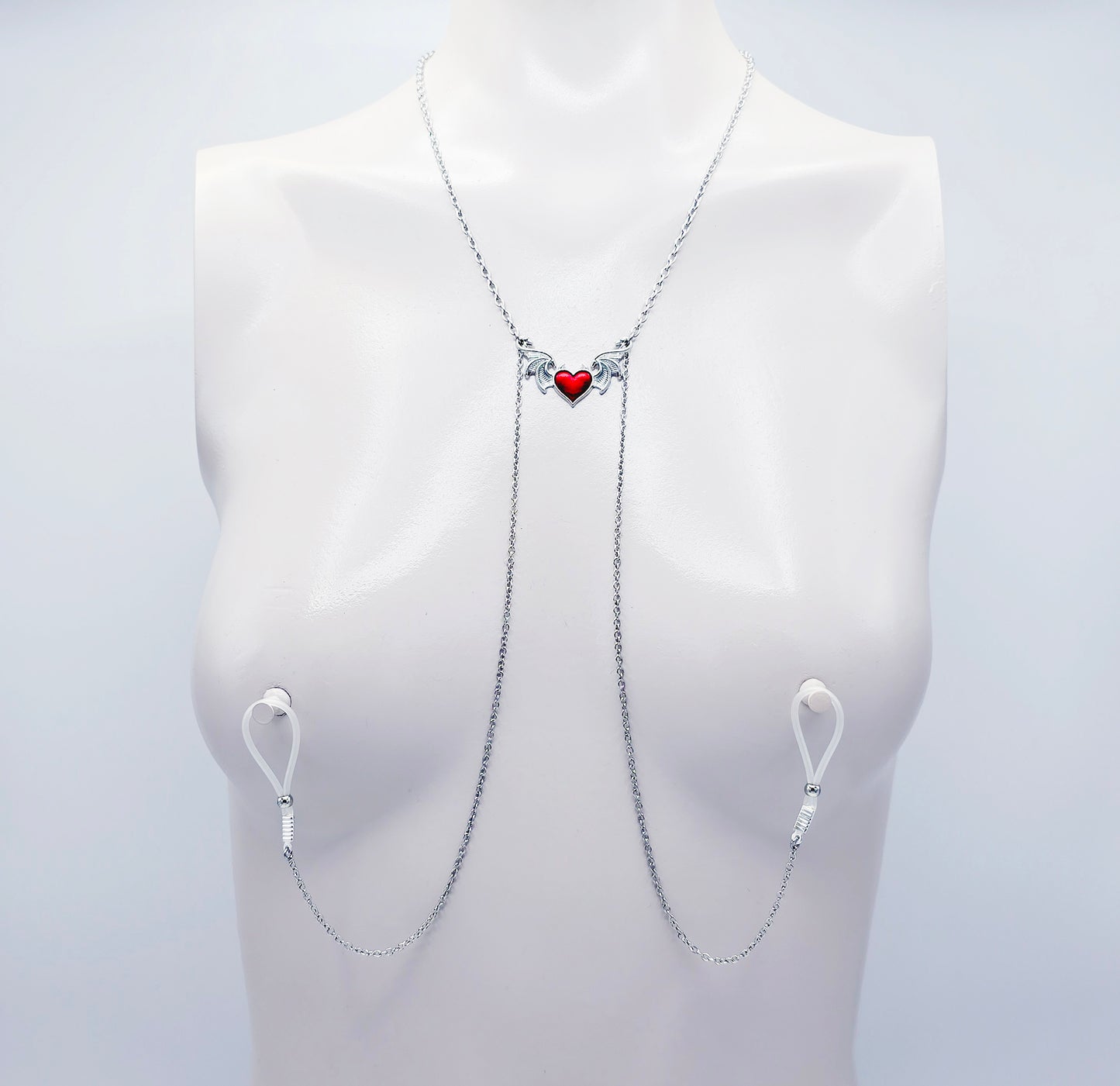 Devil Heart Necklace to Nipple with Non-Piercing Nipple Nooses, Use with Pierced, or Choose Nipple Clamps.