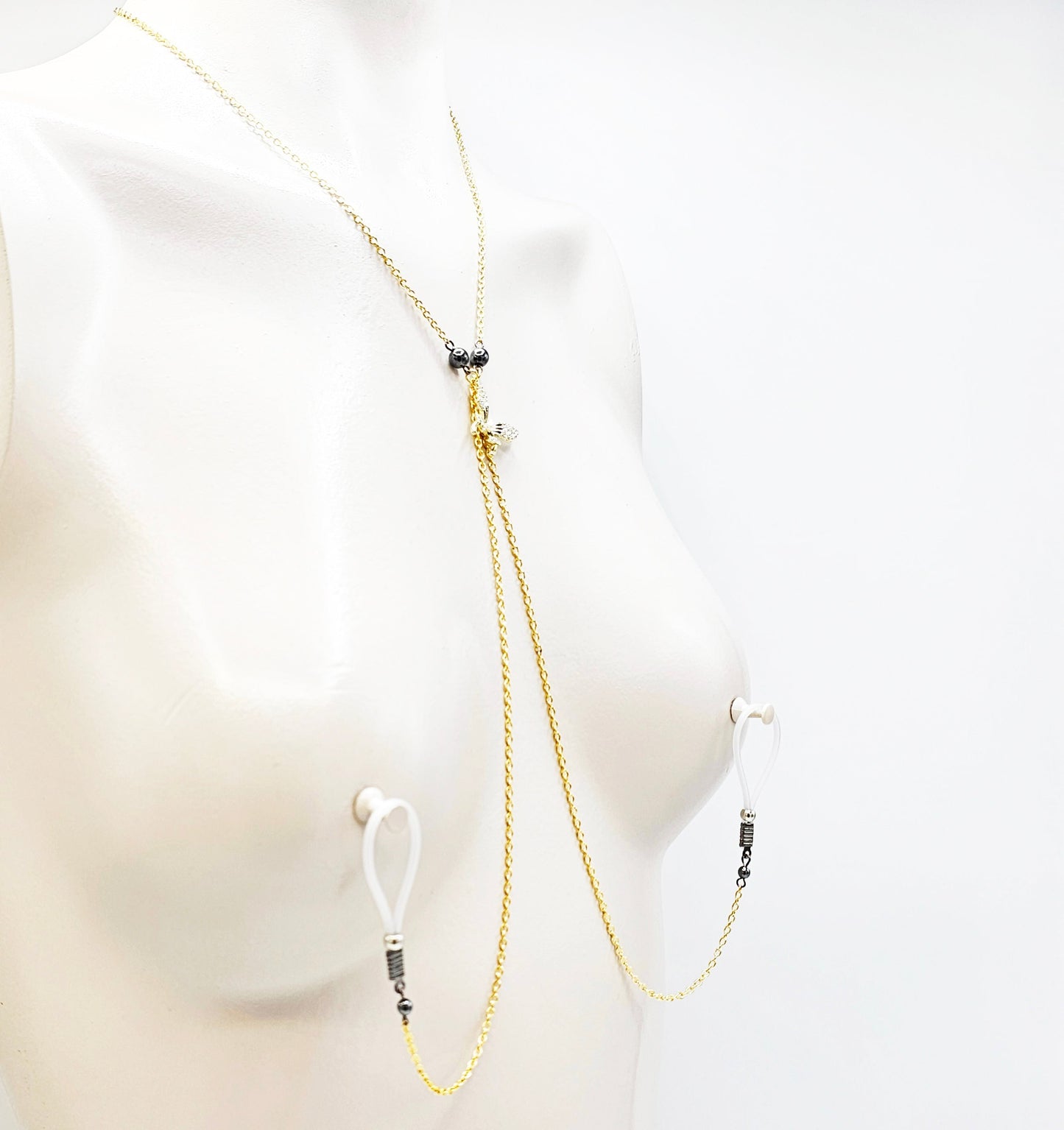 Gold Necklace to Nipple, Non-Piercing, with Beautiful Butterfly. Choose Nipple Nooses or Nipple Clamps. MATURE Body Jewelry