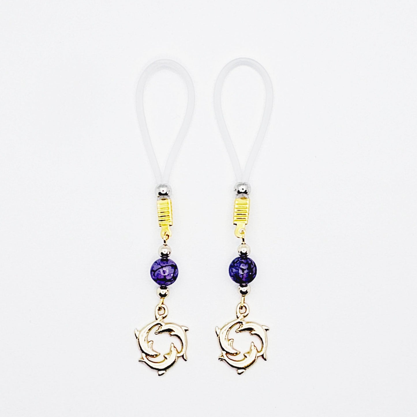 Nipple Nooses or Clamps with Dolphins and Purple Agate, Non Piercing Nipple Jewelry.