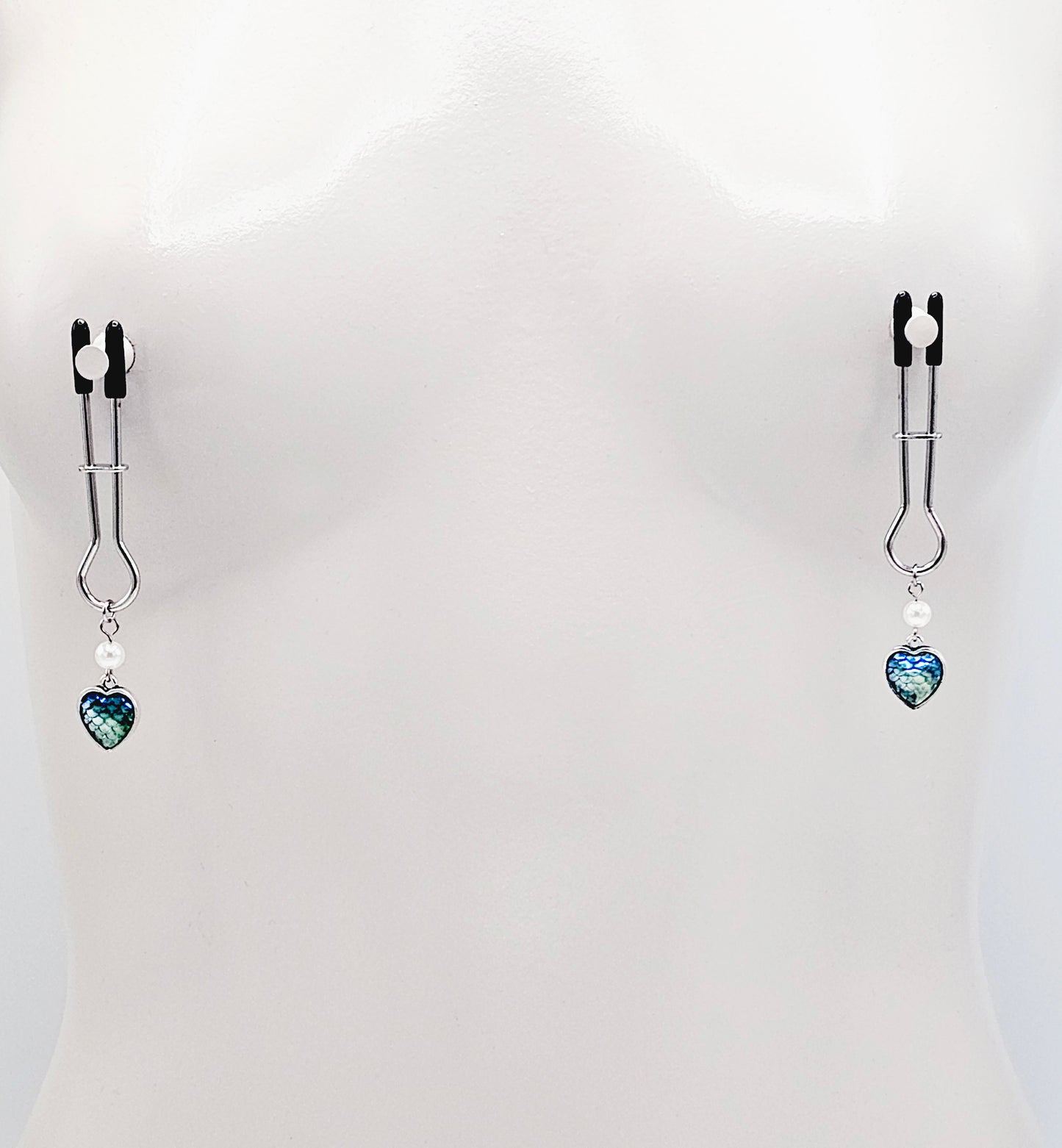 Non Piercing Intimate Jewelry Set for Women, Mermaid Scale Heart and Pearl. BDSM Nipple Clamps and Vaginal Jewelry. MATURE