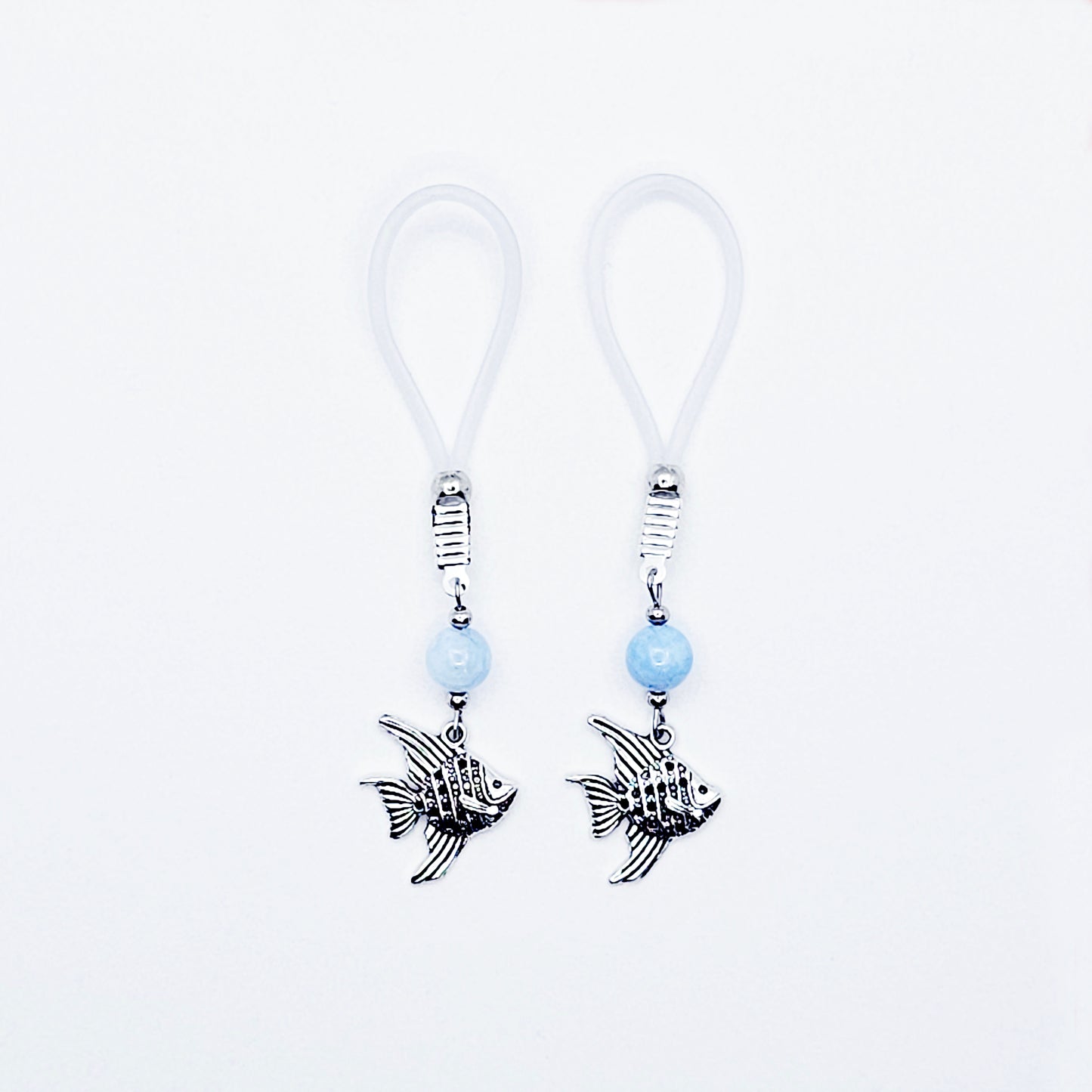 Tropical Nipple Nooses Dangles with Aquamarine Beads and Tropical Fish.