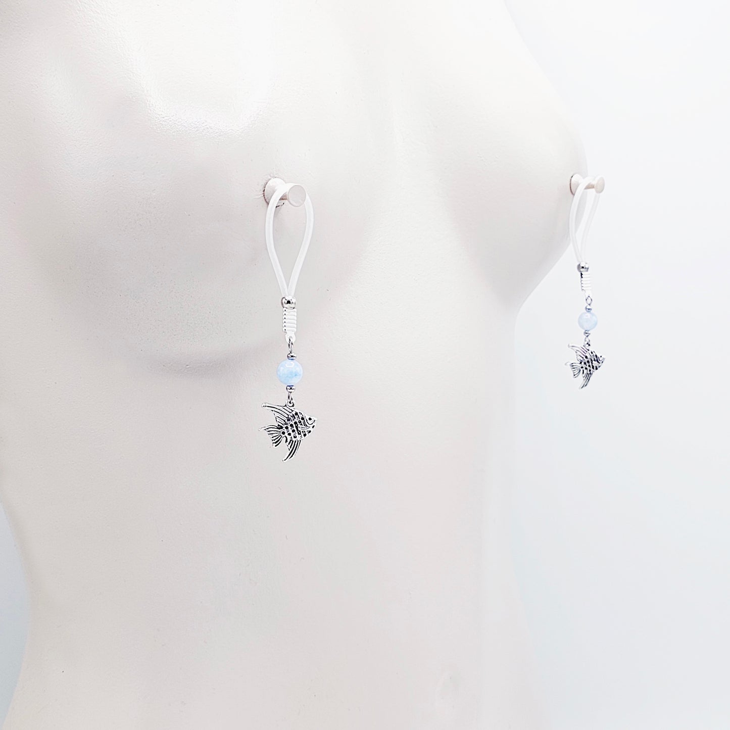 Tropical Nipple Nooses Dangles with Aquamarine Beads and Tropical Fish.