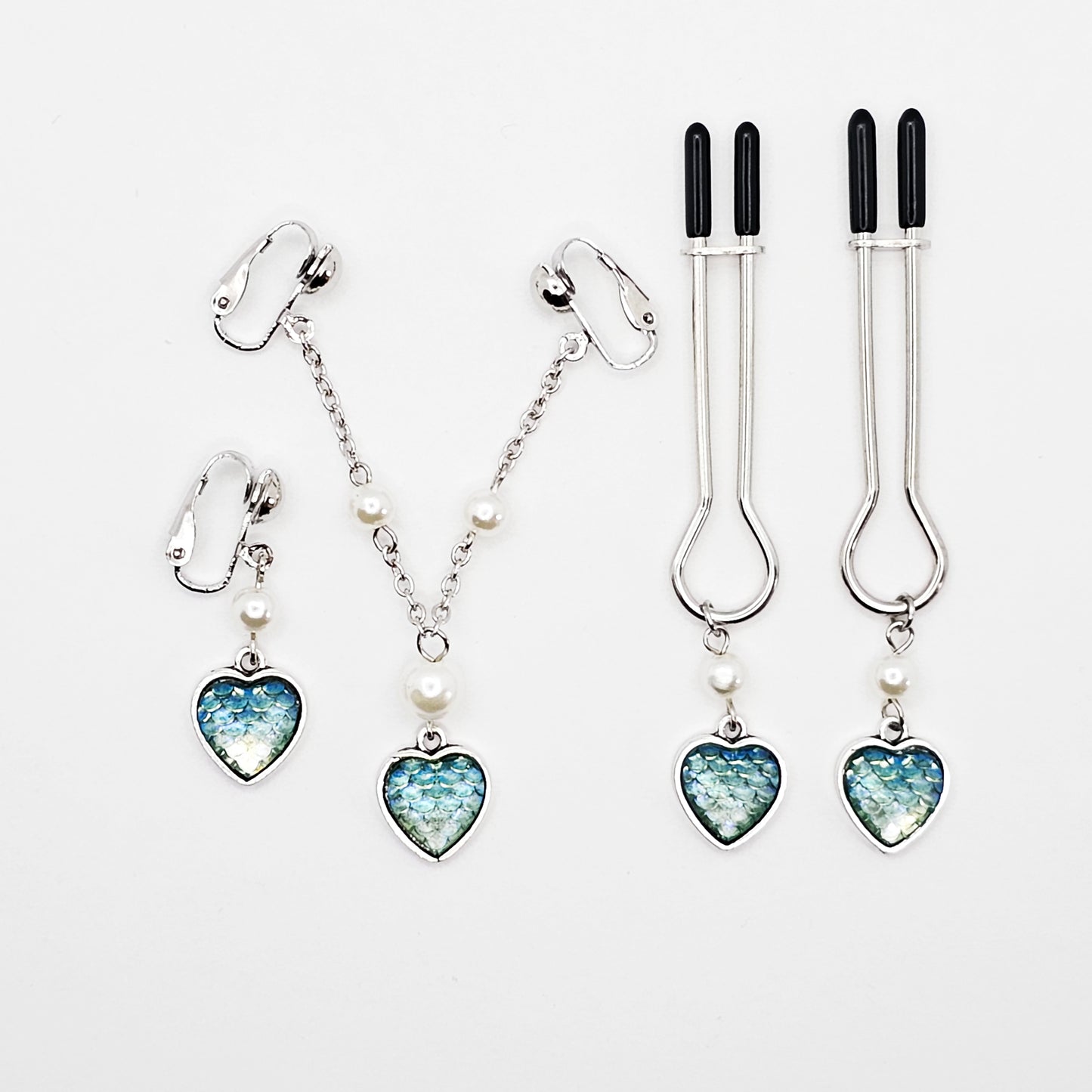 Non Piercing Intimate Jewelry Set for Women, Mermaid Scale Heart and Pearl. BDSM Nipple Clamps and Vaginal Jewelry. MATURE