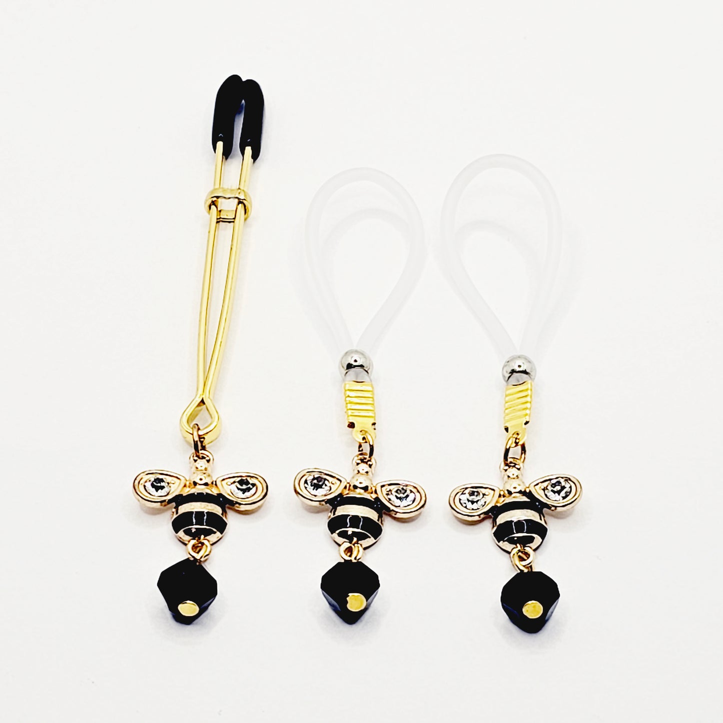 Clit Clamp and Nipple Dangle Set with Bee. Gold Tweezer Clitoral Clamp and Nipple Nooses or Nipple Clamps