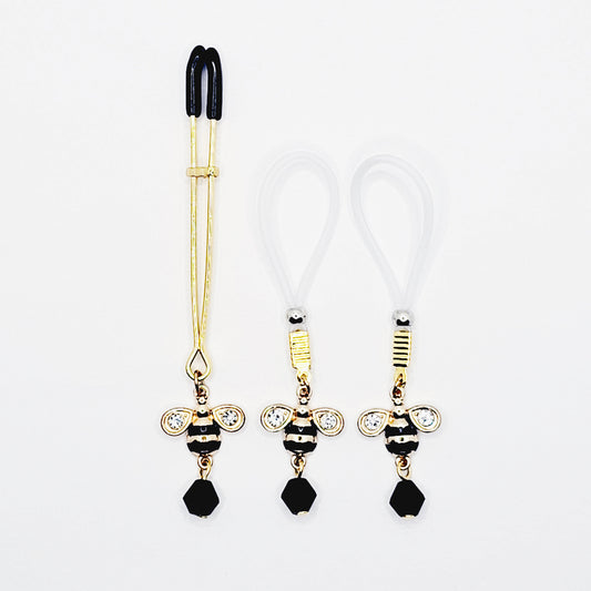 Clit Clamp and Nipple Dangle Set with Bee. Gold Tweezer Clitoral Clamp and Nipple Nooses or Nipple Clamps