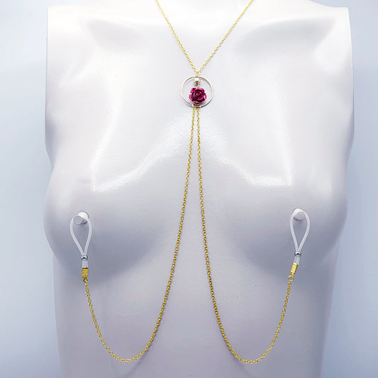 Necklace to Nipple, Gold, Circle, and Red Rose. Your Choice of Nipple Attachment