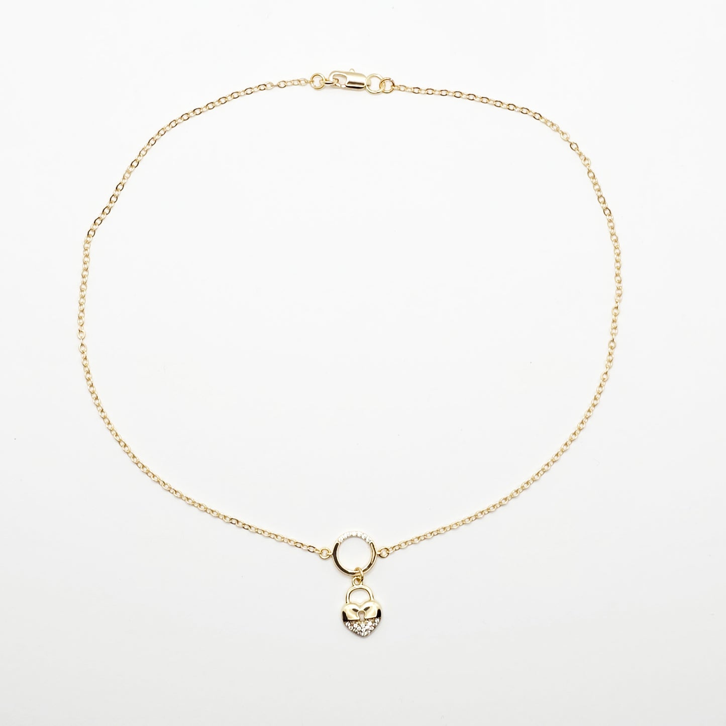 Submissive Day Collar, 18K Gold with CZ Circle of O and Padlock Pendants. Dainty and Discreet BDSM Jewelry.