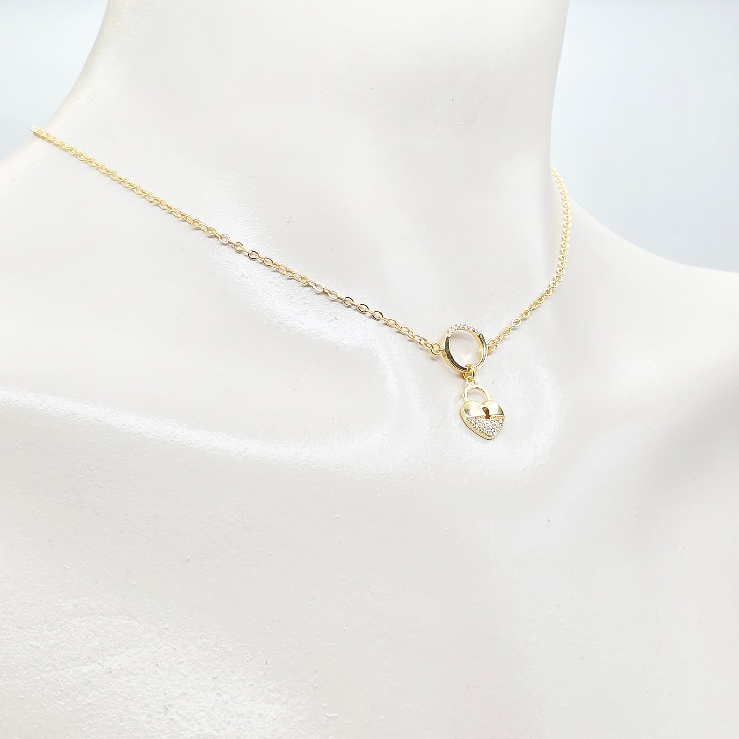 Submissive Day Collar, 18K Gold with CZ Circle of O and Padlock Pendants. Dainty and Discreet BDSM Jewelry.