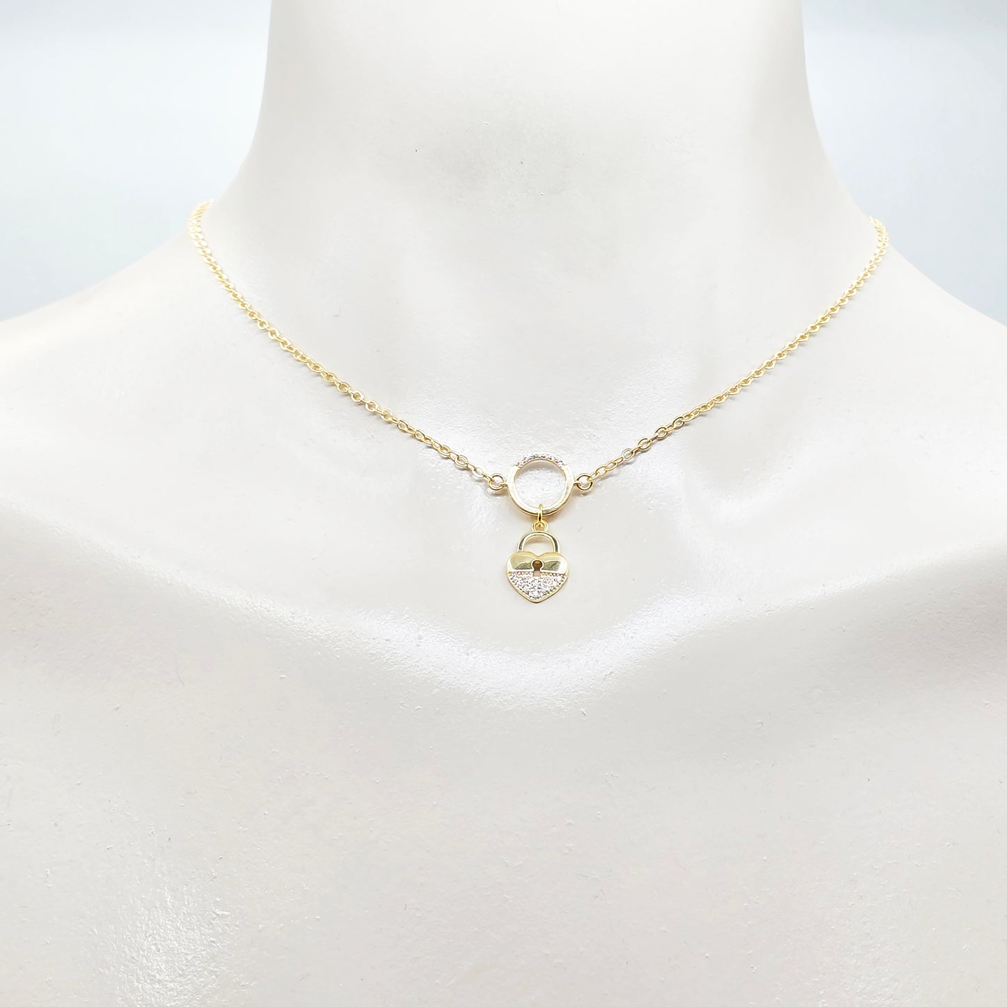 Submissive Day Collar, 18K Gold with CZ Circle of O and Padlock Pendants. Dainty and Discreet BDSM Jewelry.
