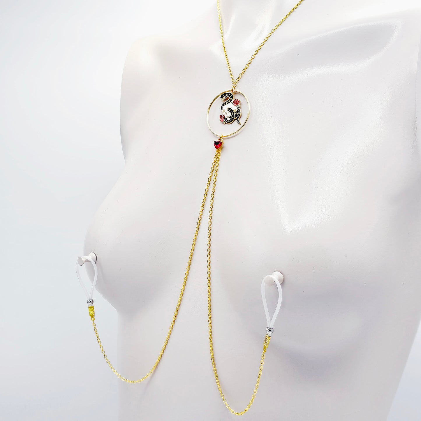 Nipple Chain Necklace with Non Piercing Nipple Nooses, Clamps, or for Use with Piercings. Gold with Serpent Skull and Circle Pendant