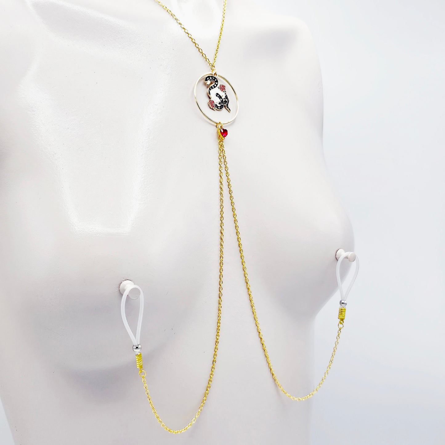 Nipple Chain Necklace with Non Piercing Nipple Nooses, Clamps, or for Use with Piercings. Gold with Serpent Skull and Circle Pendant