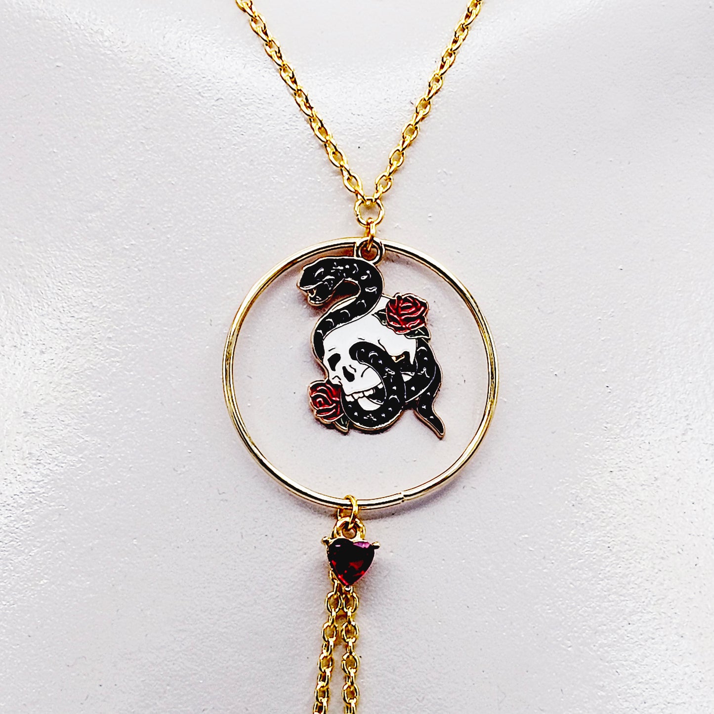 Nipple Chain Necklace with Non Piercing Nipple Nooses, Clamps, or for Use with Piercings. Gold with Serpent Skull and Circle Pendant