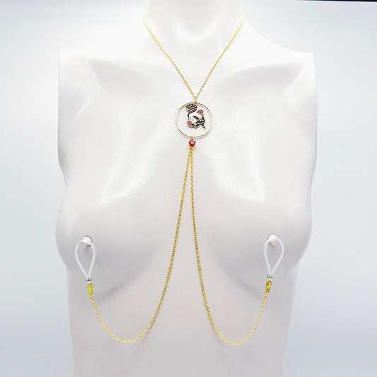 Nipple Chain Necklace with Non Piercing Nipple Nooses, Clamps, or for Use with Piercings. Gold with Serpent Skull and Circle Pendant