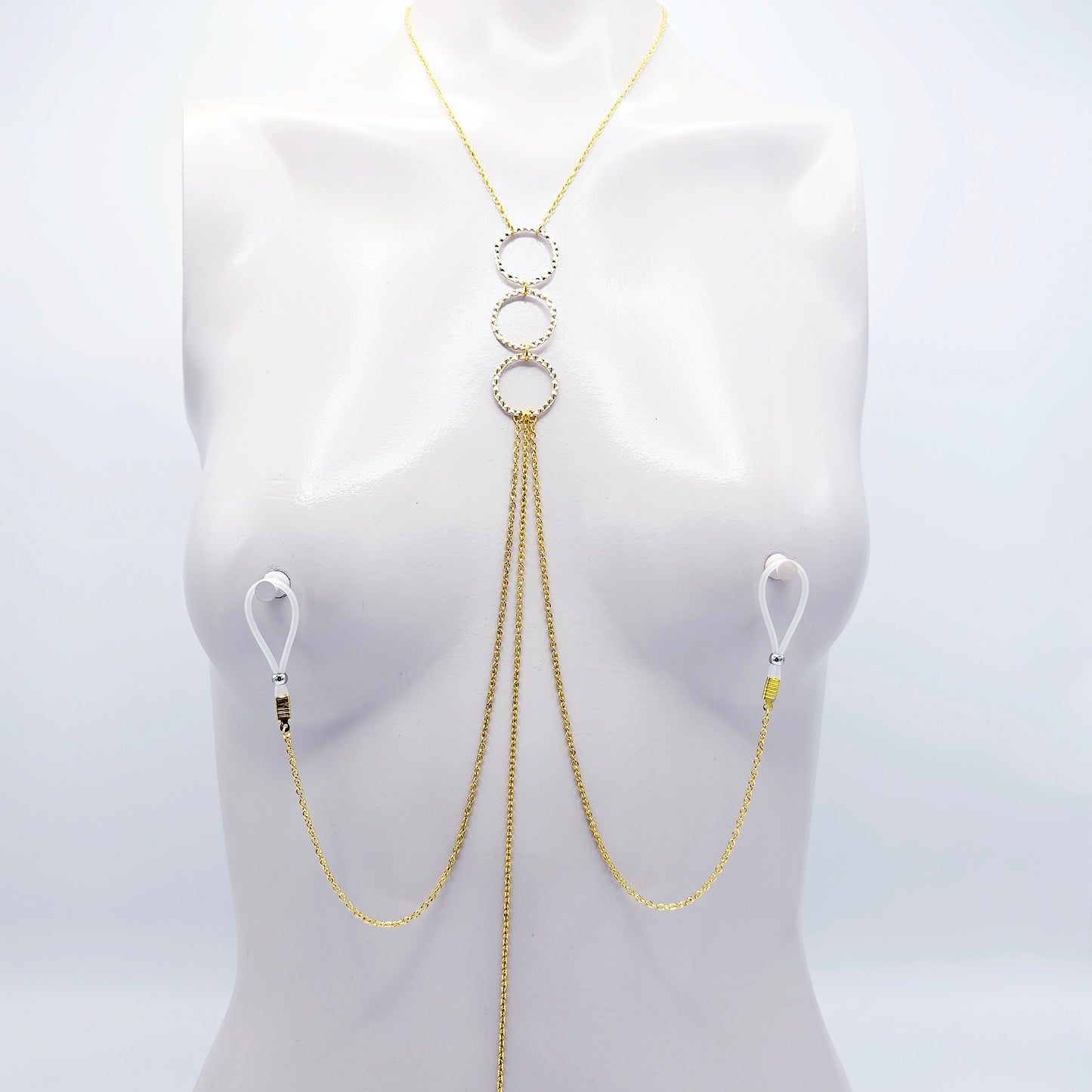 Gold Triple Clamp Tri Circle Necklace to Nipples and Clit. Featuring a Tweezer Clitoral Clamp and Your Choice of Nipple Attachment.